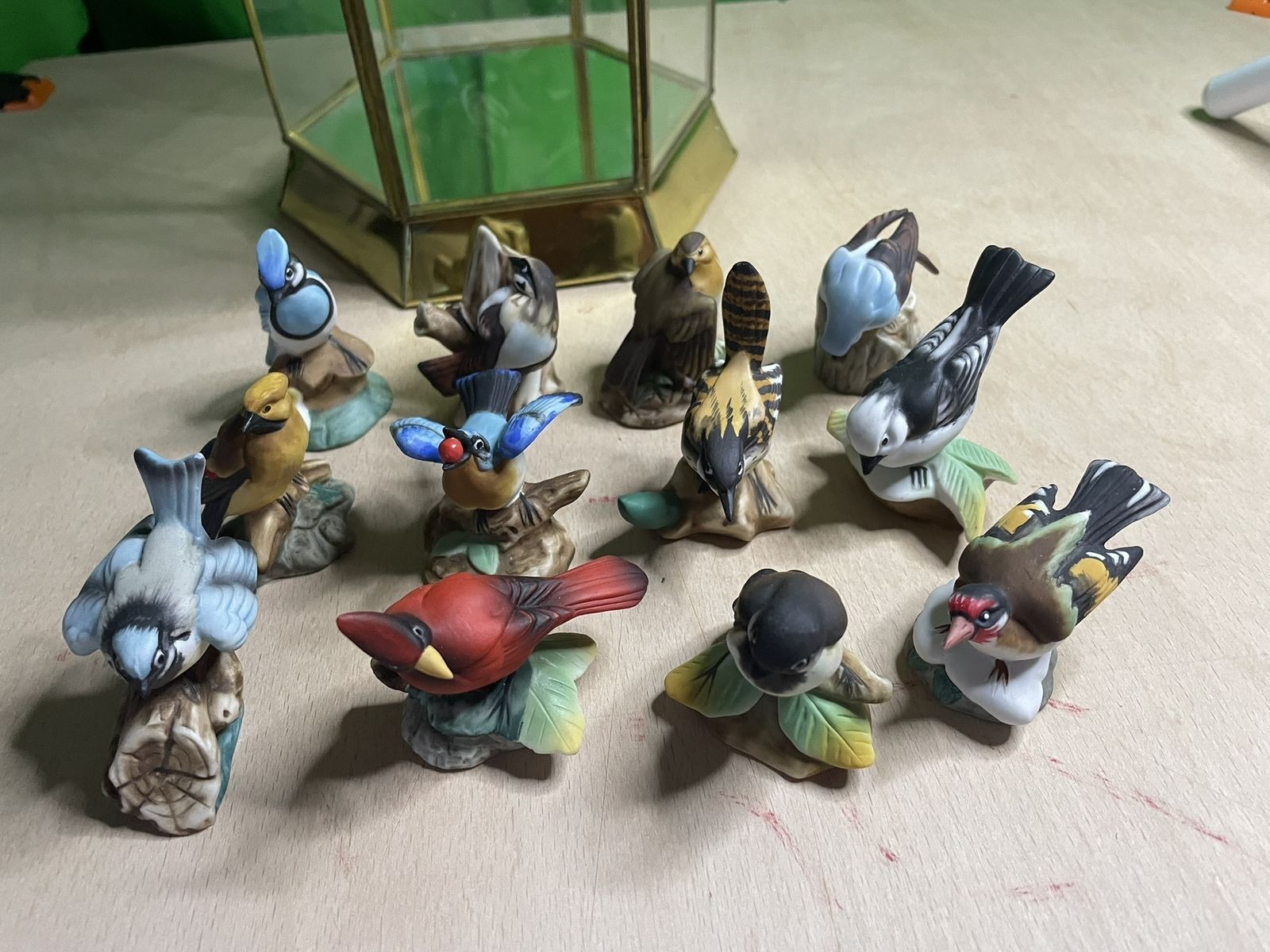 Porcelain Garden Birds Figurines In Glass And Brass Display Case   1980's photo Furniture