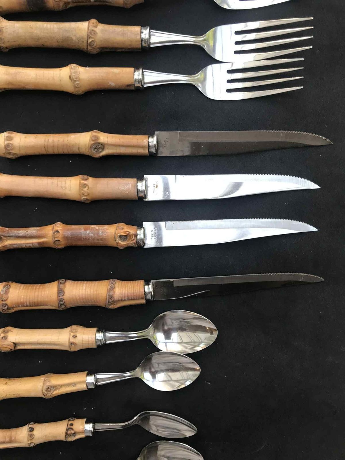 Bamboo Flatware Vintage Set 4 Fork And 4 Knives 4 Small, Spoons Bamboo Handle Tiki Style Japan Boho Chic Folk Nature Mid Century Boho Gift photo vinterior