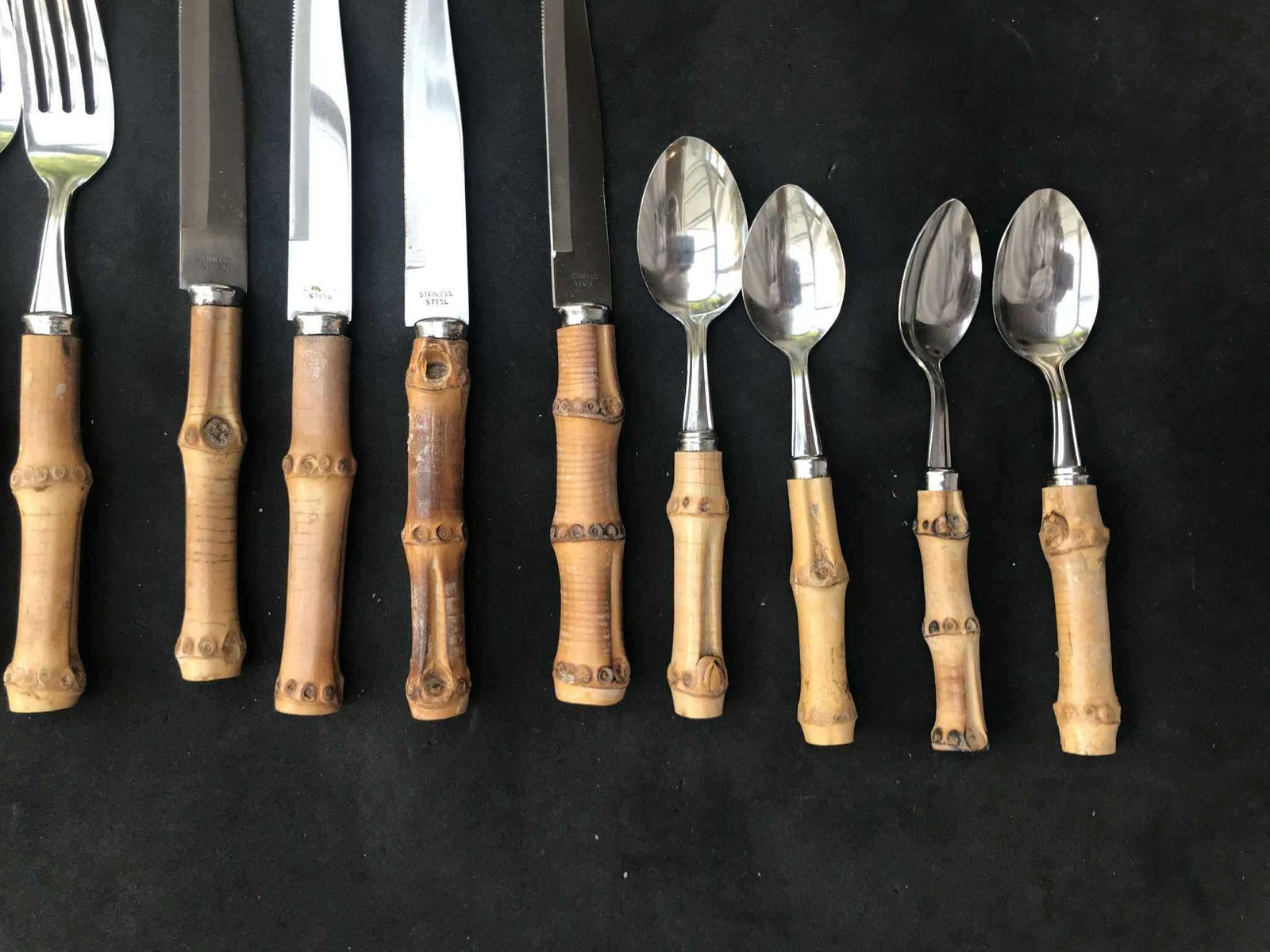 Bamboo Flatware Vintage Set 4 Fork And 4 Knives 4 Small, Spoons Bamboo Handle Tiki Style Japan Boho Chic Folk Nature Mid Century Boho Gift photo vintage