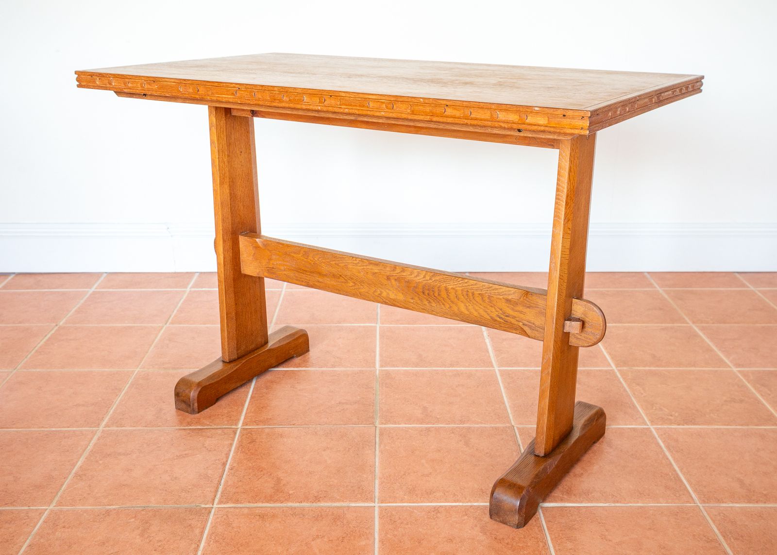 Light Red Oak Refectory Trestle Table Cotswold School Arts And Crafts Heals Bedroom Side Dining Tabl.E Rustic Farmhouse Antiqu.E photo vintage