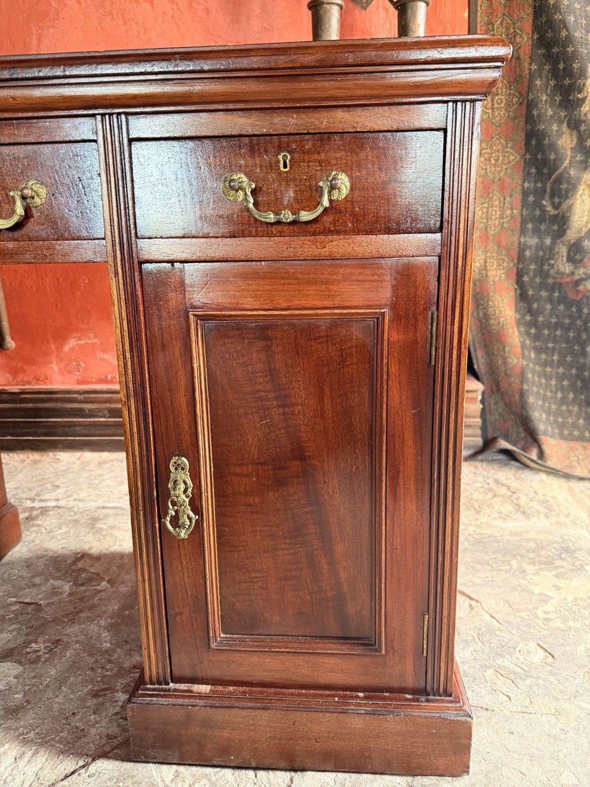 photo for sale Original English Antique Mahogany Red  Leather Office Pedestal Desk Circa 1800's