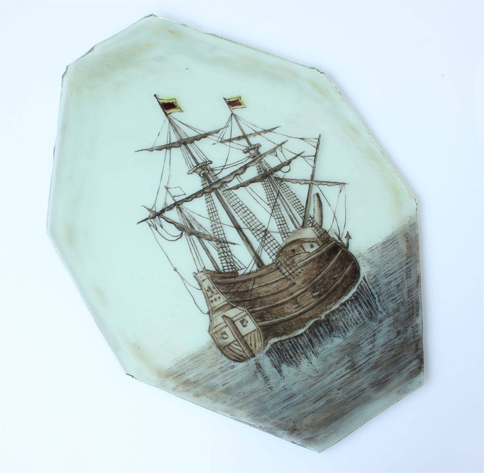 17th Century Stained Glass Of Galleon Ship. Nautical Window Panel C1690. photo for sale