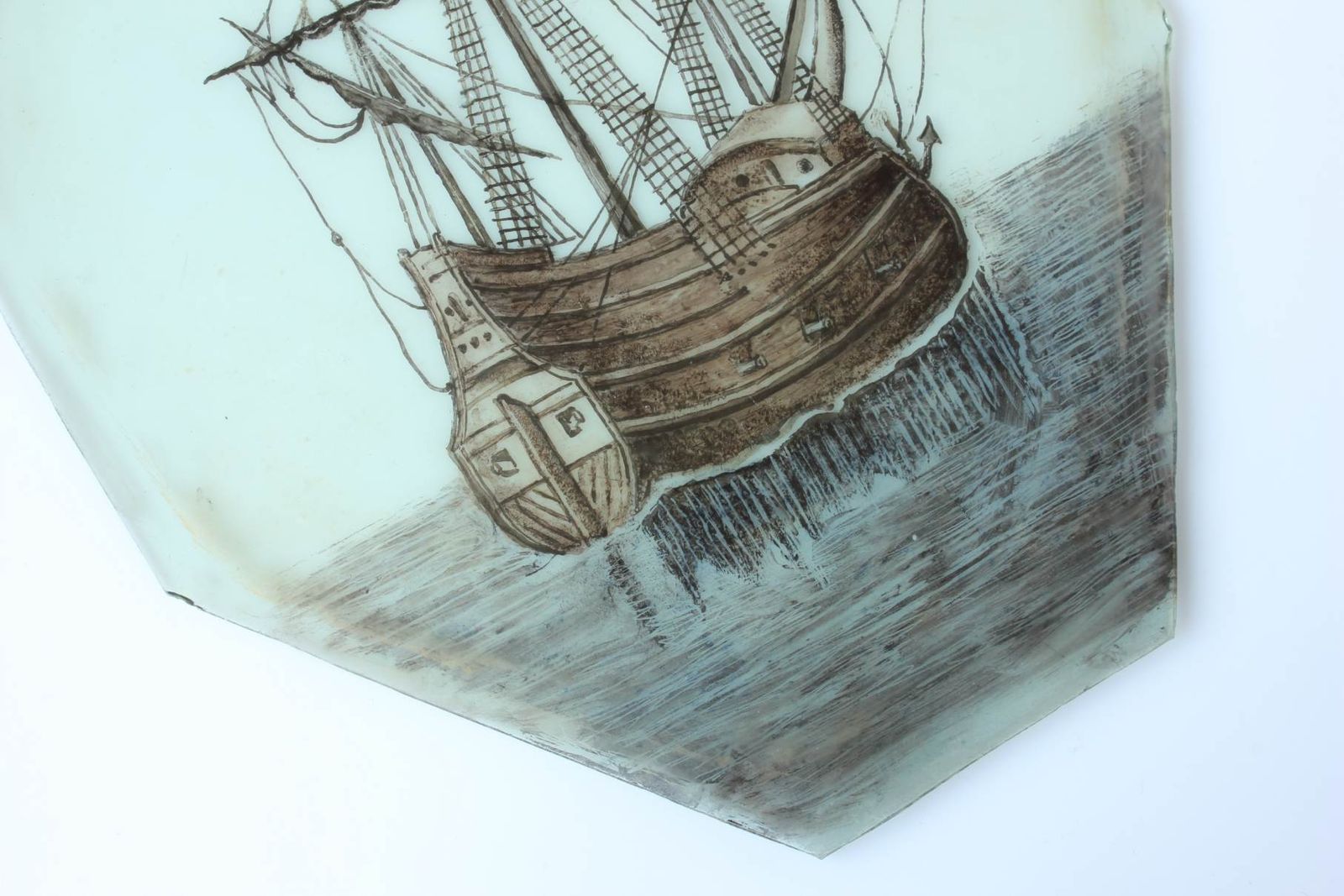 17th Century Stained Glass Of Galleon Ship. Nautical Window Panel C1690. photo 295.0