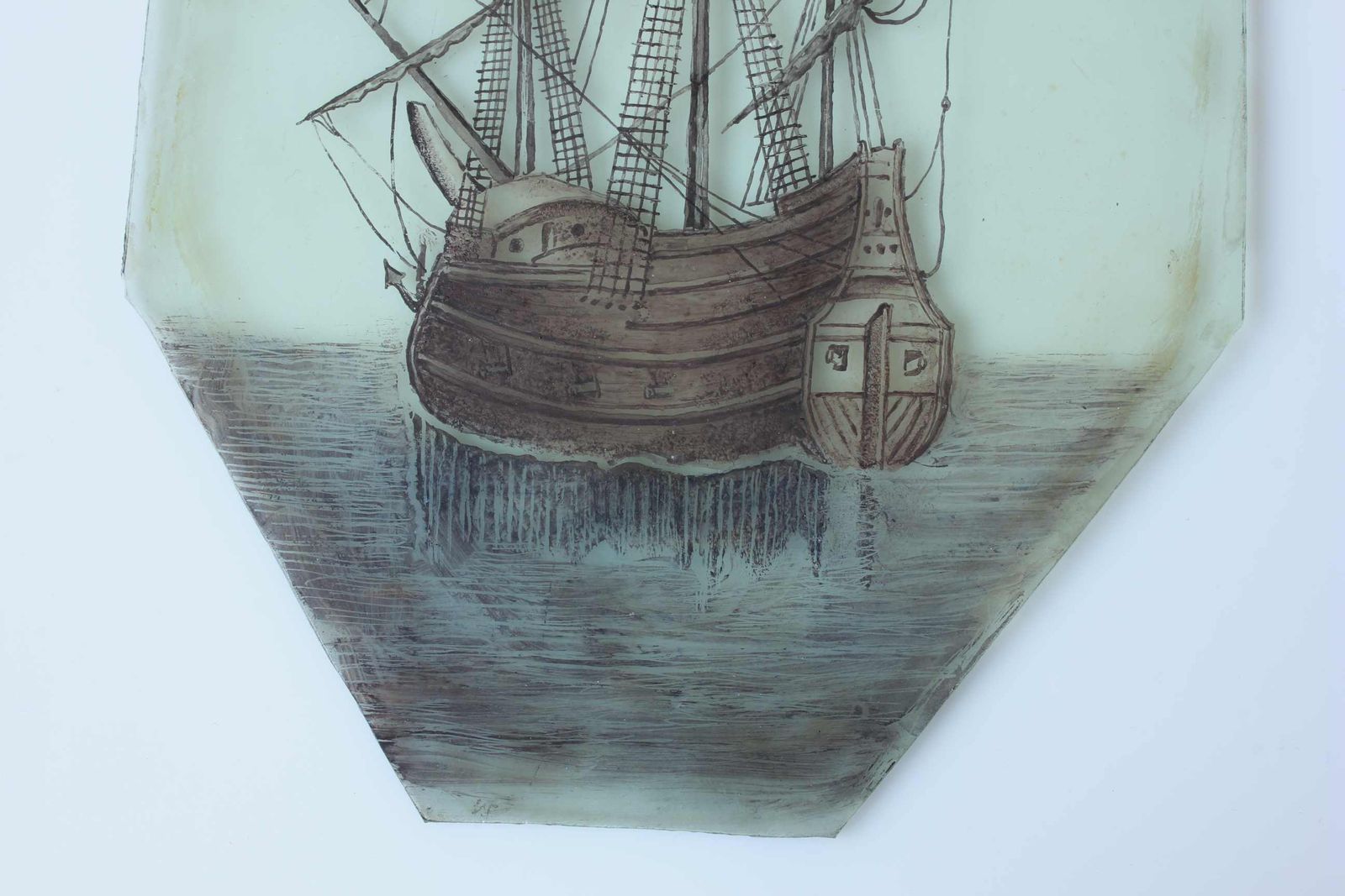 17th Century Stained Glass Of Galleon Ship. Nautical Window Panel C1690. photo vintage