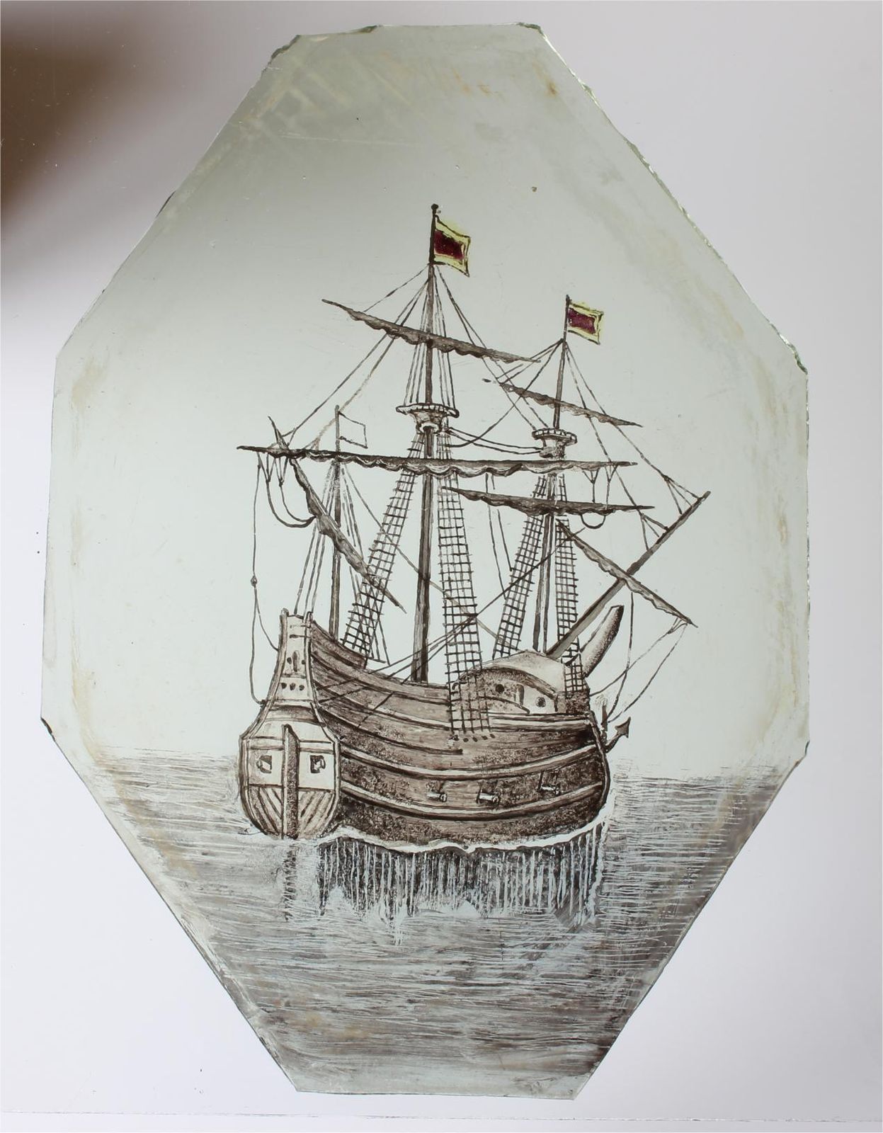 Home Decor 17th Century Stained Glass Of Galleon Ship. Nautical Window Panel C1690. photo