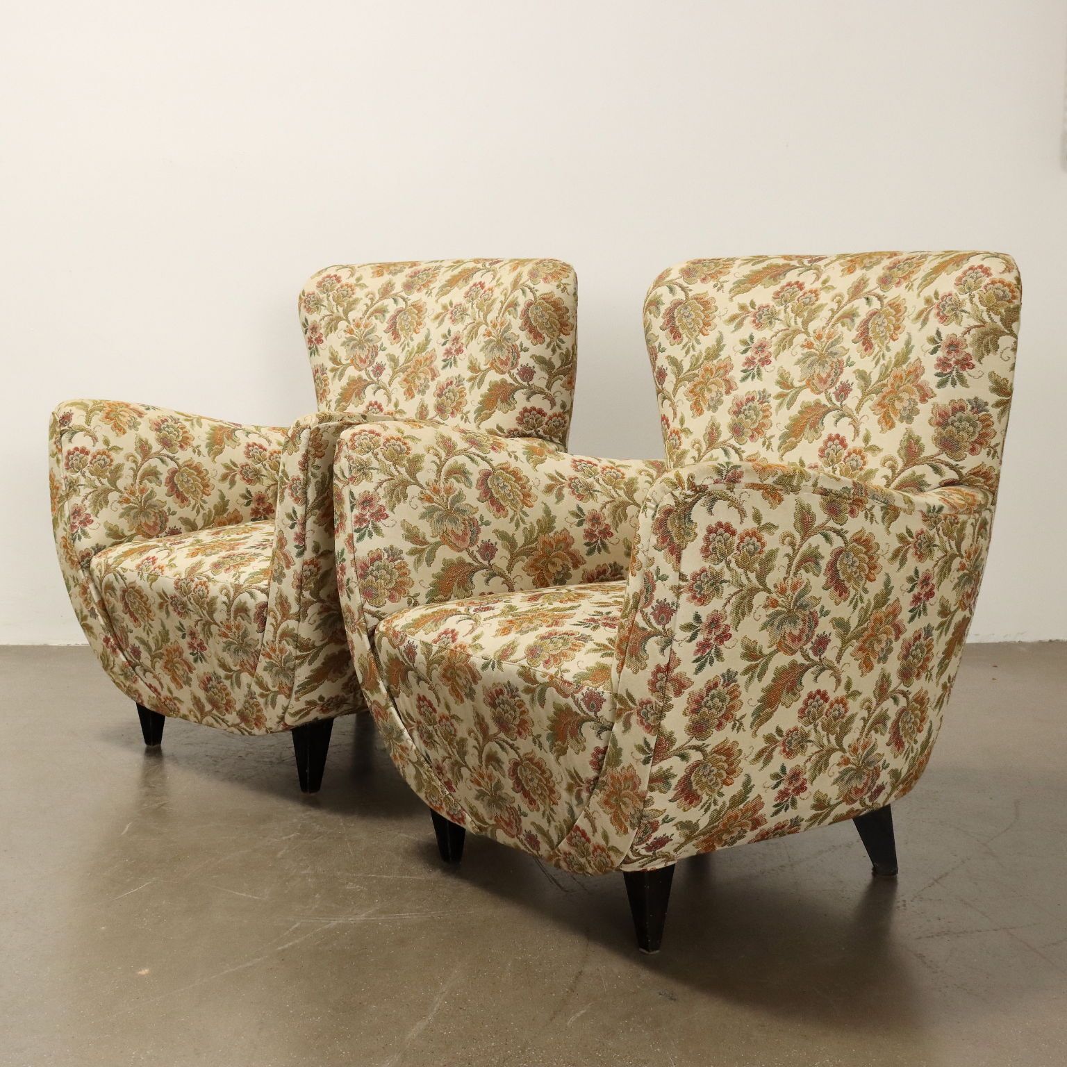 Vintage Armchairs Jacquard Fabric Wood Design Italy 1950s photo Furniture