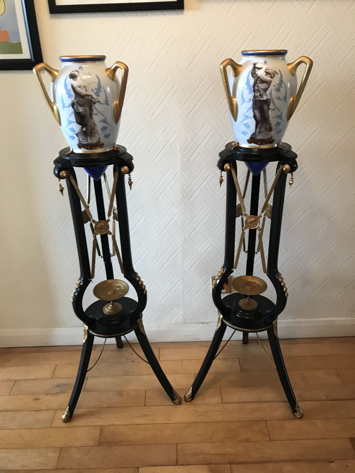 Pair Ebonised And Gilt Metal French Empire Style Athenienne Stands With Porcelain Amphora Vases photo furniture