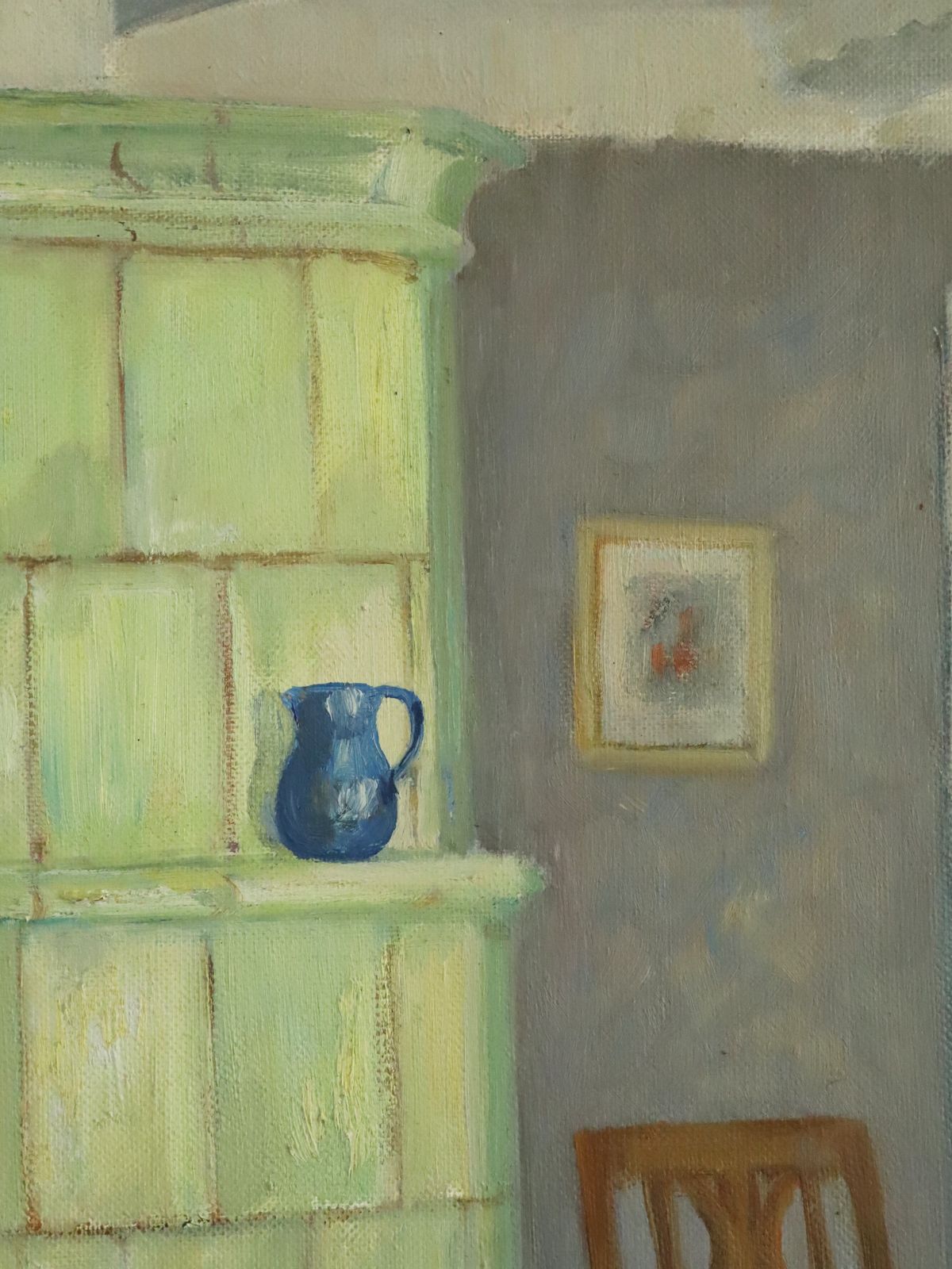 Interior With Green Stove Oil Painting photo vintage