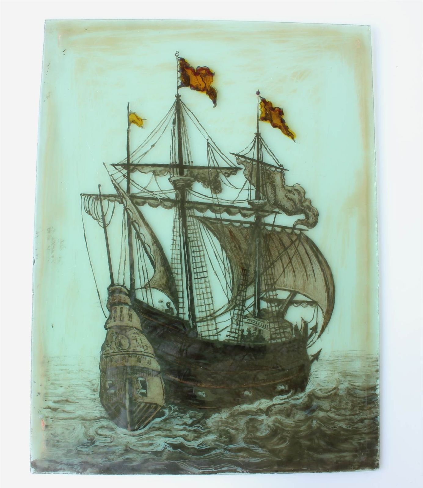 Stained Glass Window. Galleon Sailing Ship Nautical Panel. 17th Century.
