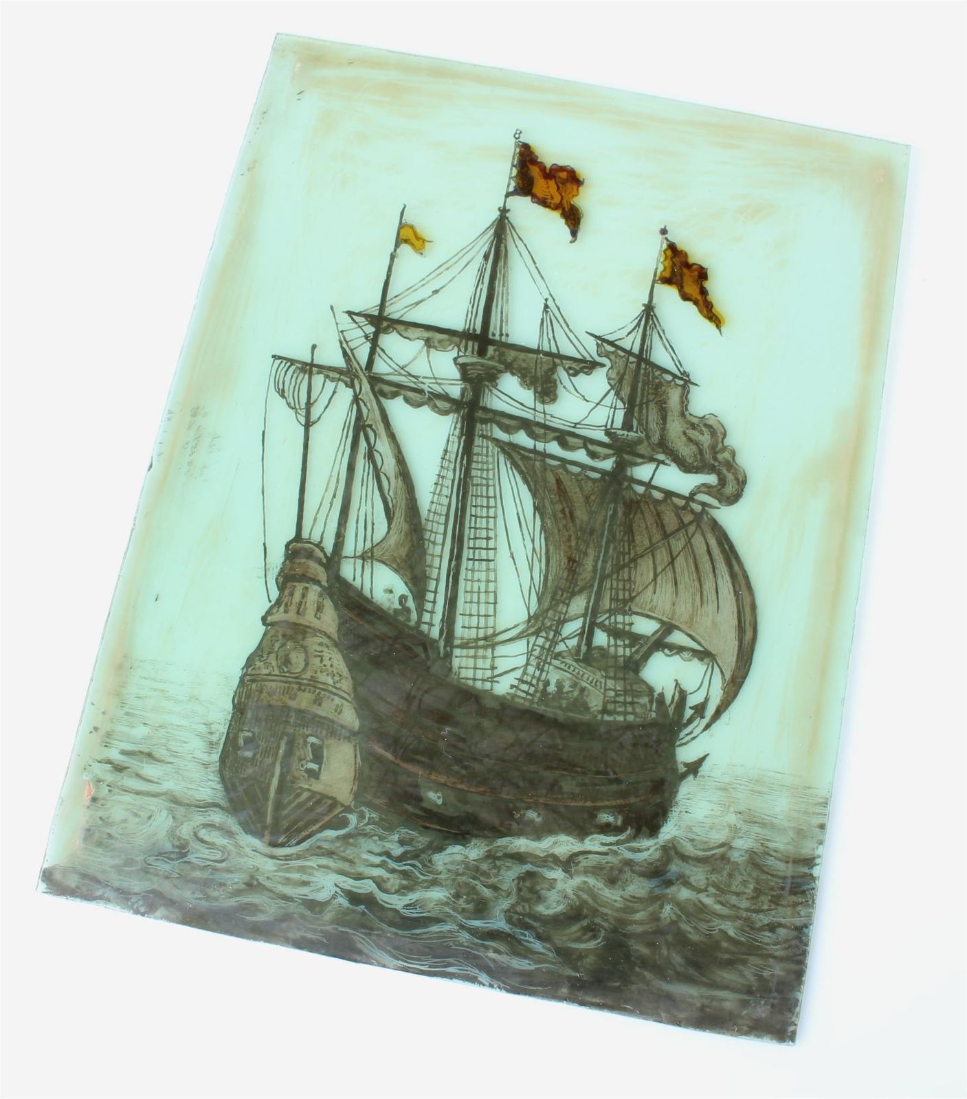 Stained Glass Window. Galleon Sailing Ship Nautical Panel. 17th Century. photo furniture