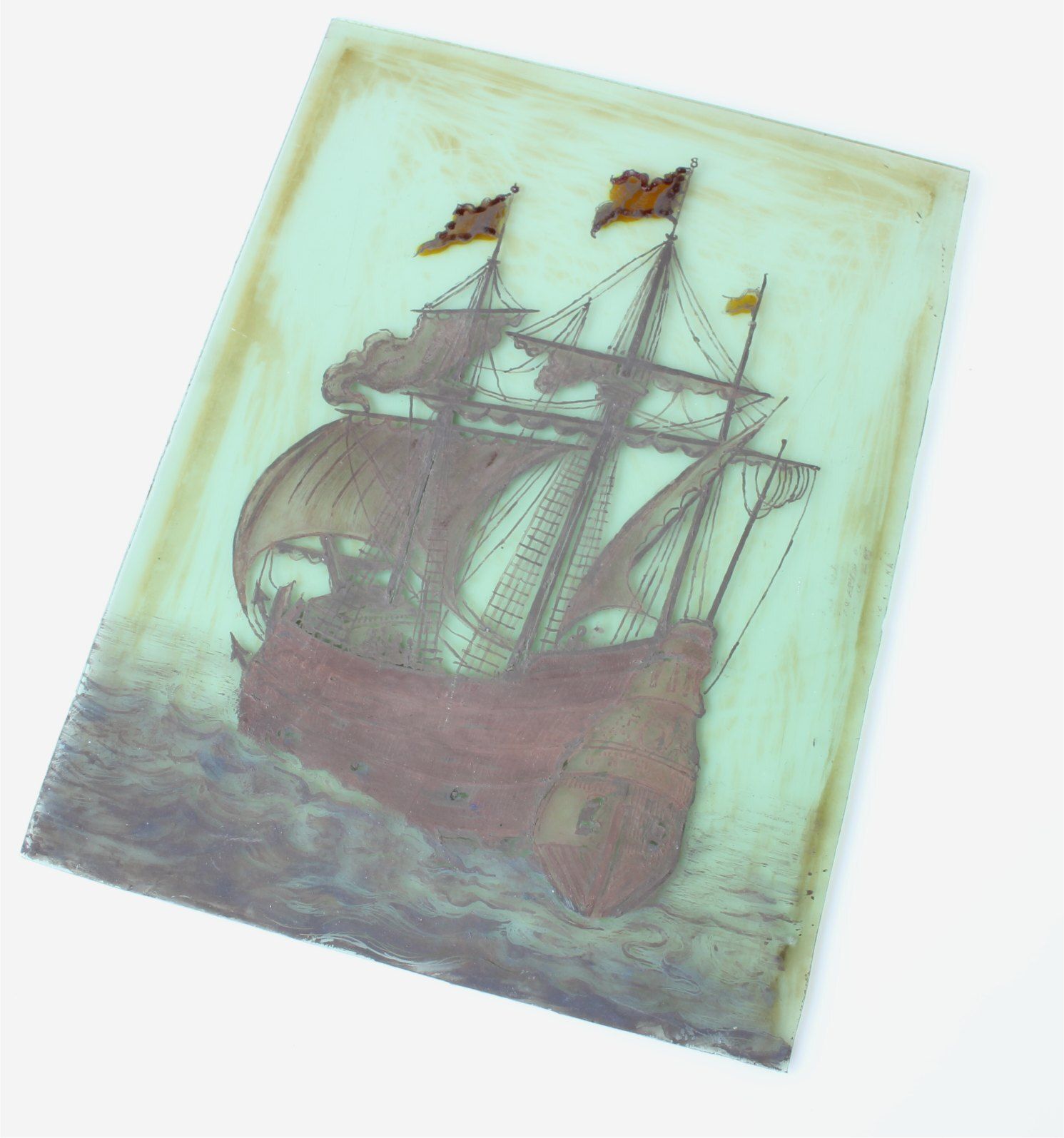 Stained Glass Window. Galleon Sailing Ship Nautical Panel. 17th Century. photo Home Decor