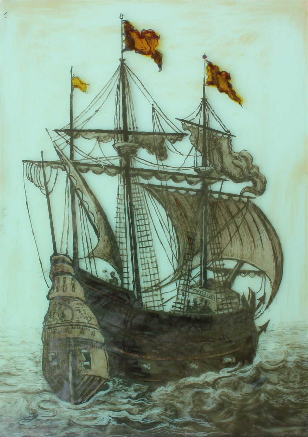 Stained Glass Window. Galleon Sailing Ship Nautical Panel. 17th Century. photo buy