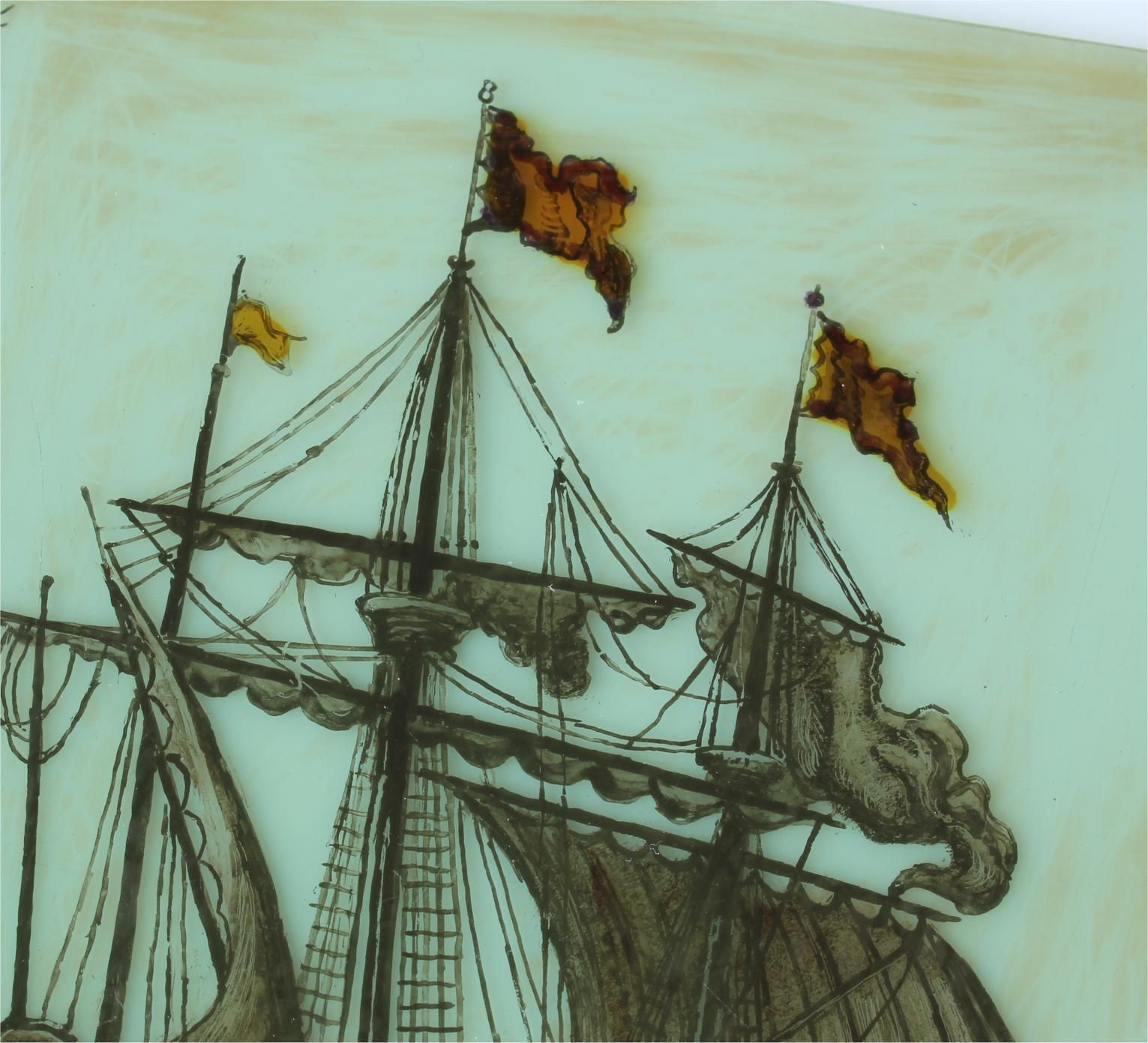 photo buy Stained Glass Window. Galleon Sailing Ship Nautical Panel. 17th Century.