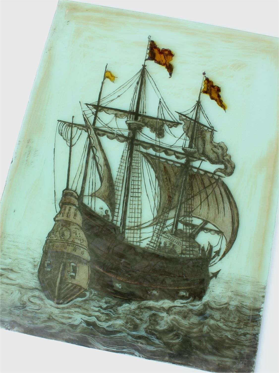 photo vintage Stained Glass Window. Galleon Sailing Ship Nautical Panel. 17th Century.