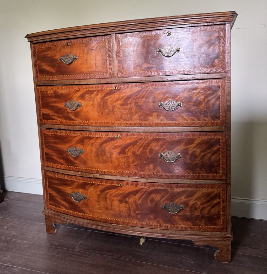 19th Century Mahogany And Inlaid Bow Fronted Chest Of Drawers photo furniture
