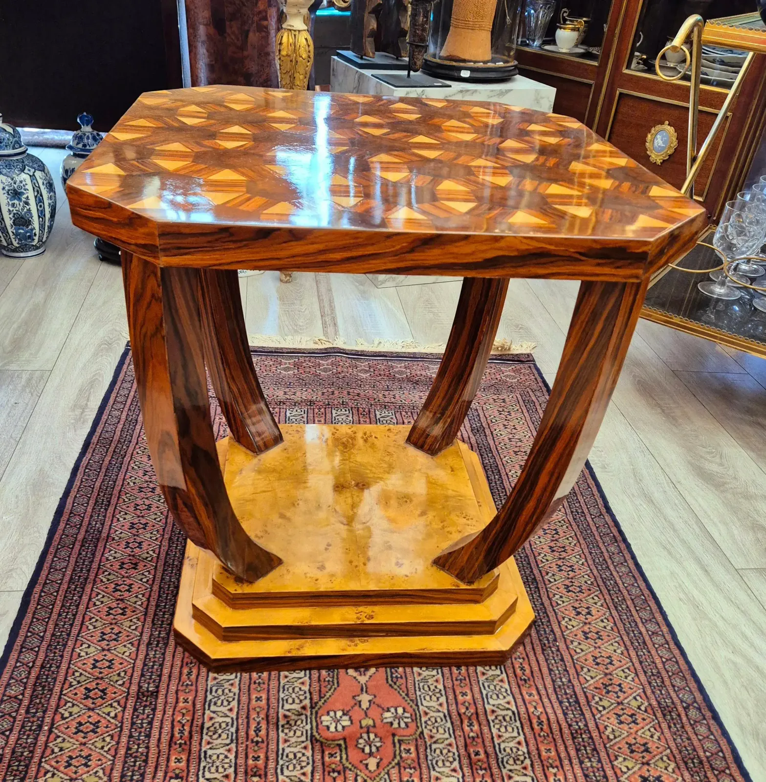 Art Deco Style Pedestal Table With Wooden Marquetry, Circa 1980 photo furniture