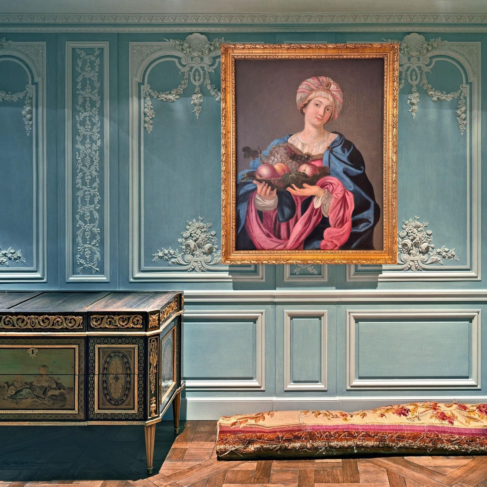 Sybille With Turban And Fruit Bowl, Oil On Canvas, 19th Century photo vinterior