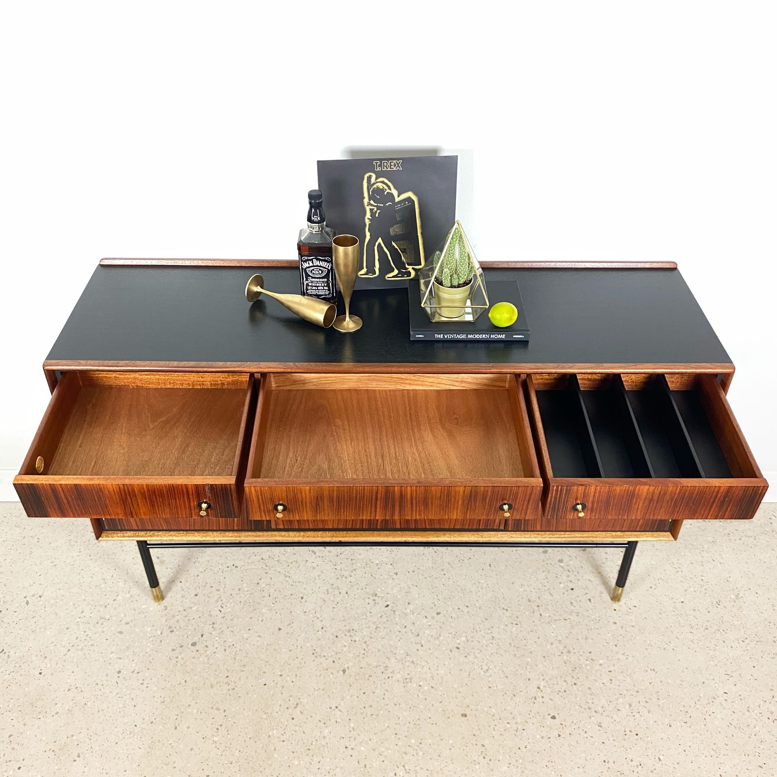 Mid Century Cocktail Bar Drinks Cabinet By Heal's In Rosewood And Brass With Black & Gold Jackson Pollock Paint Effect photo buy