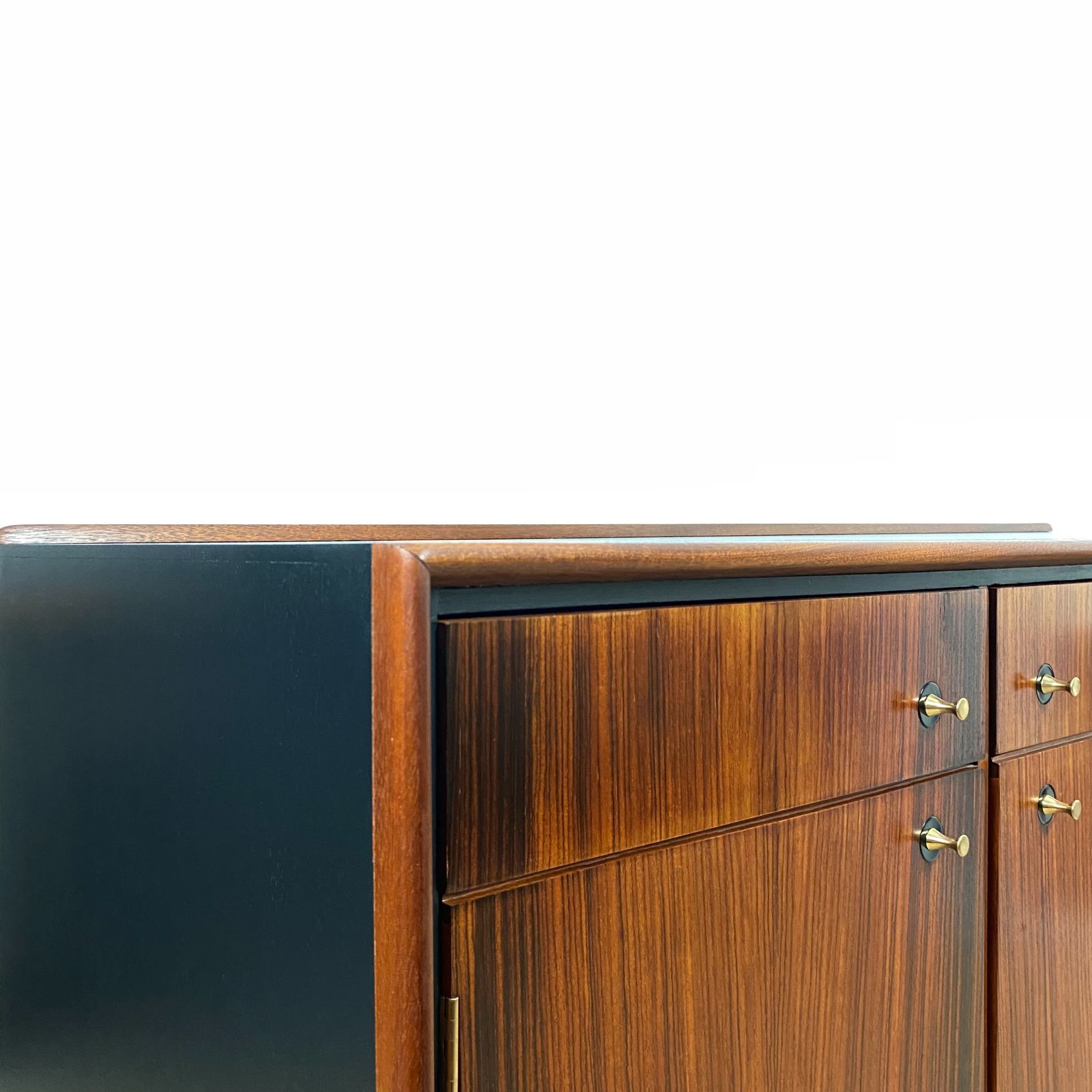 photo buy Mid Century Cocktail Bar Drinks Cabinet By Heal's In Rosewood And Brass With Black & Gold Jackson Pollock Paint Effect