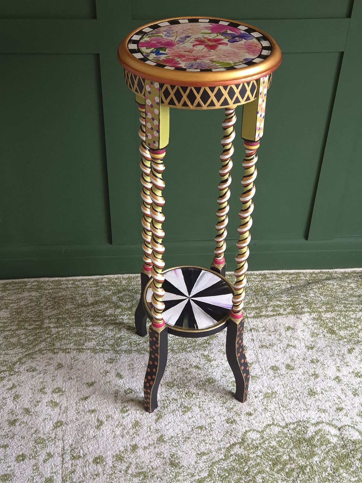 2 Tier Barley Twist Flower Table, Hand Painted In Mackenzie Childs(tm) Style, With Decoupage Top And Sides. photo furniture