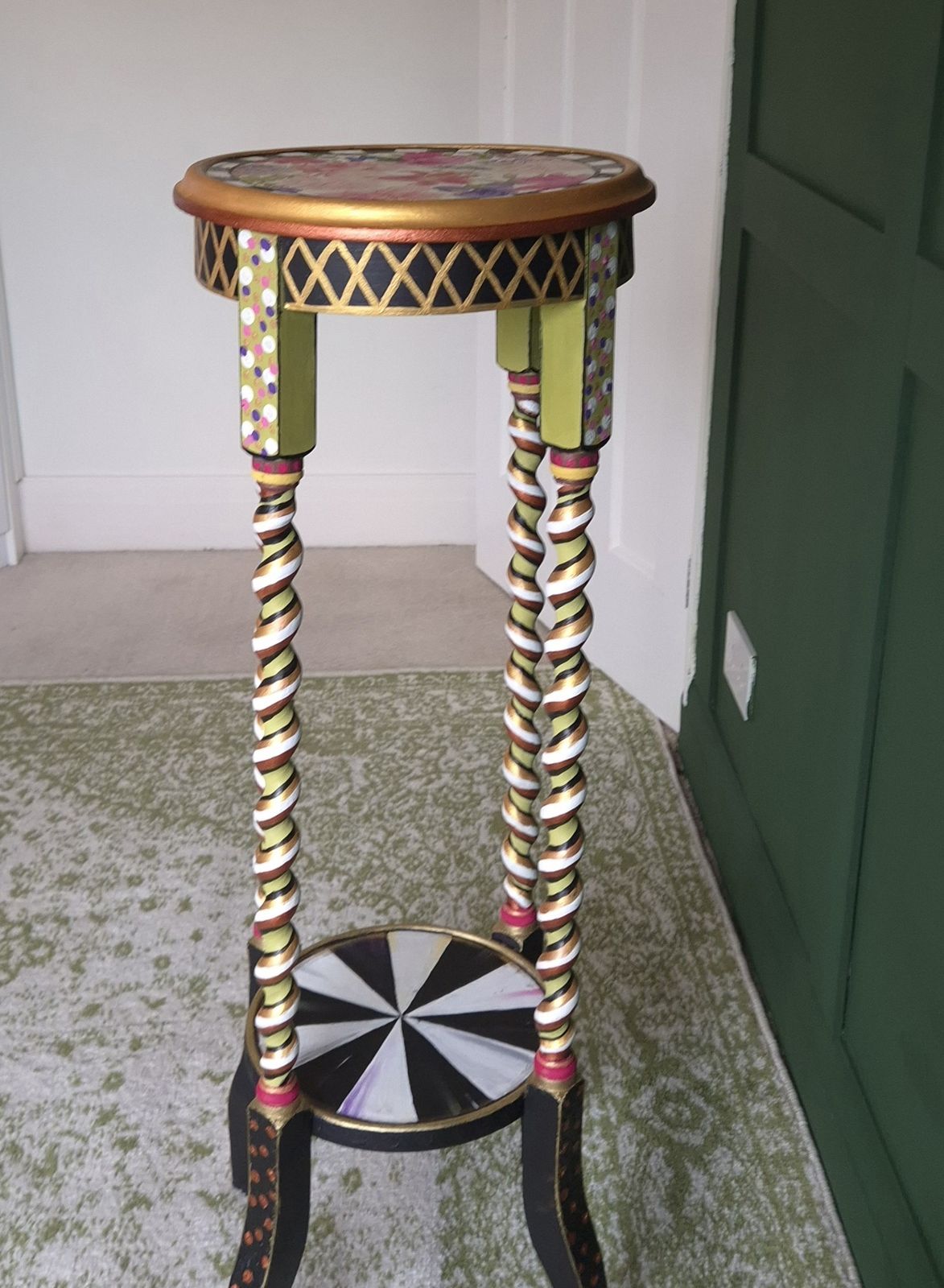 2 Tier Barley Twist Flower Table, Hand Painted In Mackenzie Childs(tm) Style, With Decoupage Top And Sides. photo Furniture
