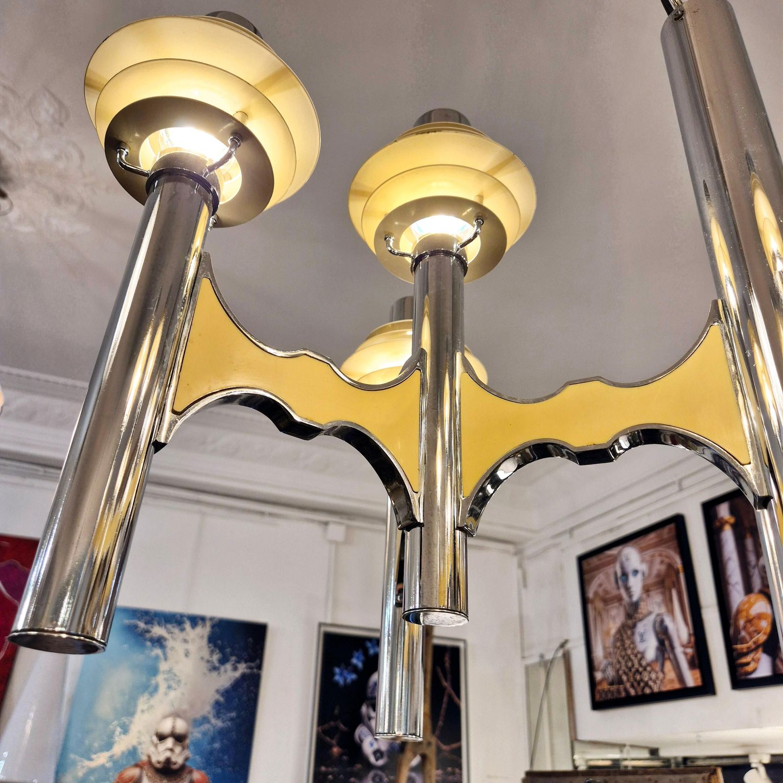 photo for sale Space Age Chromed Metal Chandelier By Gaetano Sciolari, Mid 20th Century