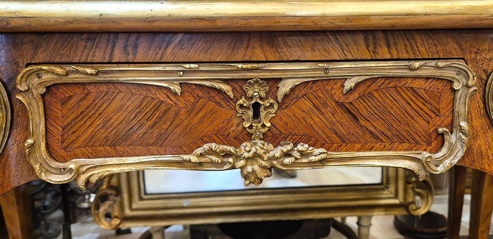 Large Louis XV Style Flat Desk, Marquetry And Gilt Bronze, 19th Century Work photo vintage
