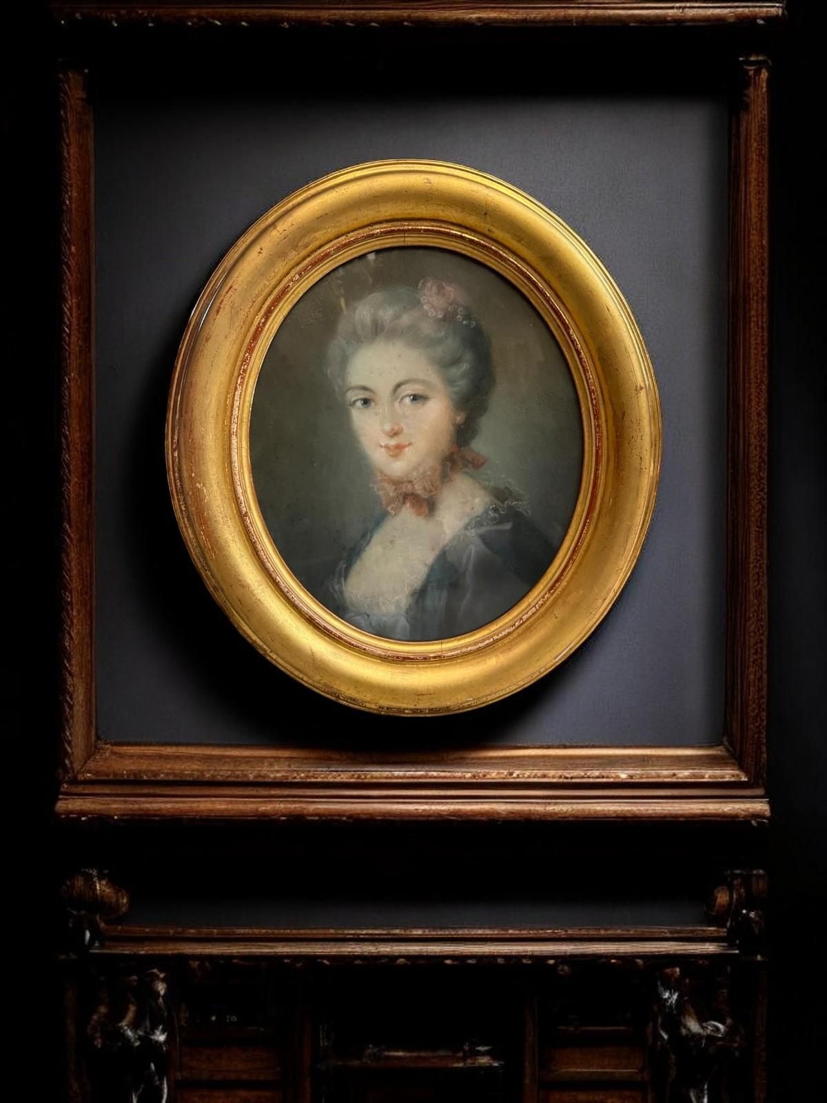 Portrait Of A Young Woman In An Gilt Oval Frame, Pastel Drawing, 18th Century photo furniture