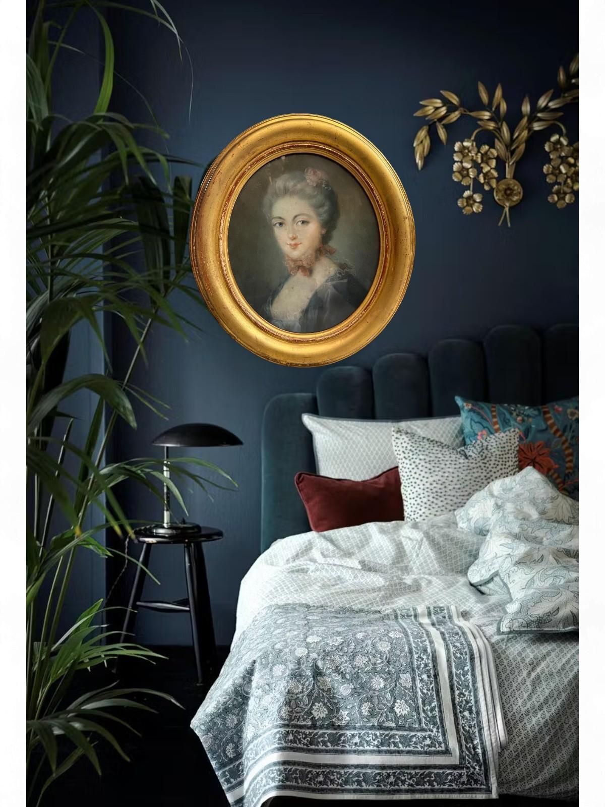 Portrait Of A Young Woman In An Gilt Oval Frame, Pastel Drawing, 18th Century photo Art