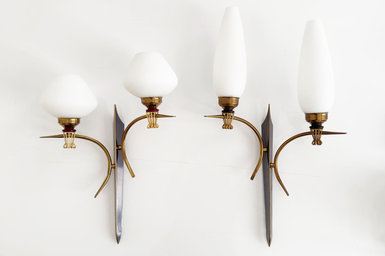 20th Century Pair Of Two Lights Wall Lamps By Maison Arlus In Gilded Brass & Opaline, 1960s