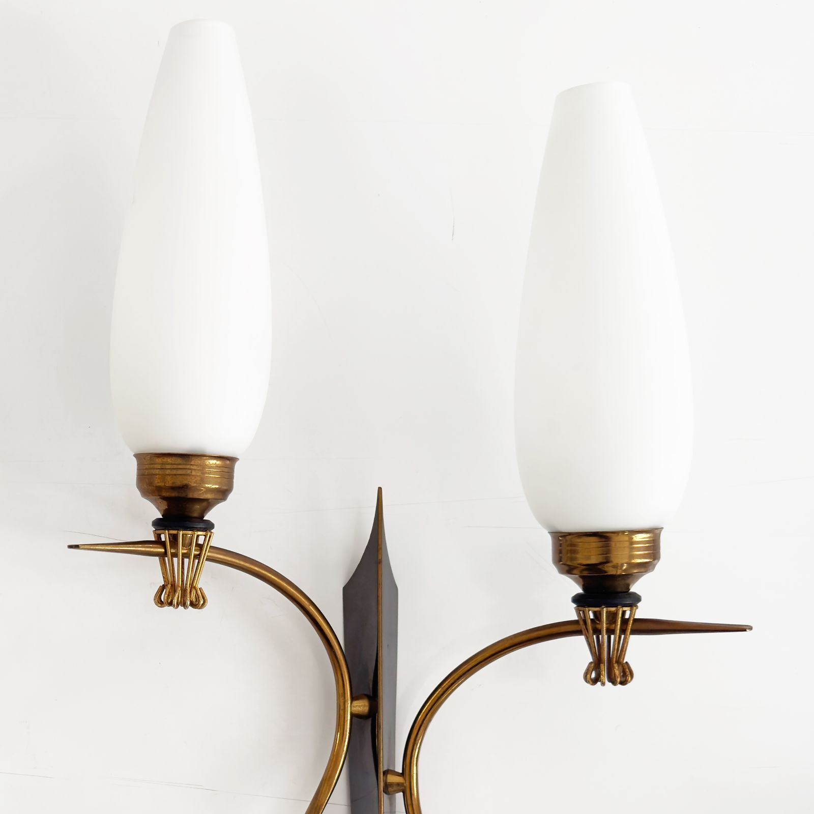 20th Century Pair Of Two Lights Wall Lamps By Maison Arlus In Gilded Brass & Opaline, 1960s photo 900.0