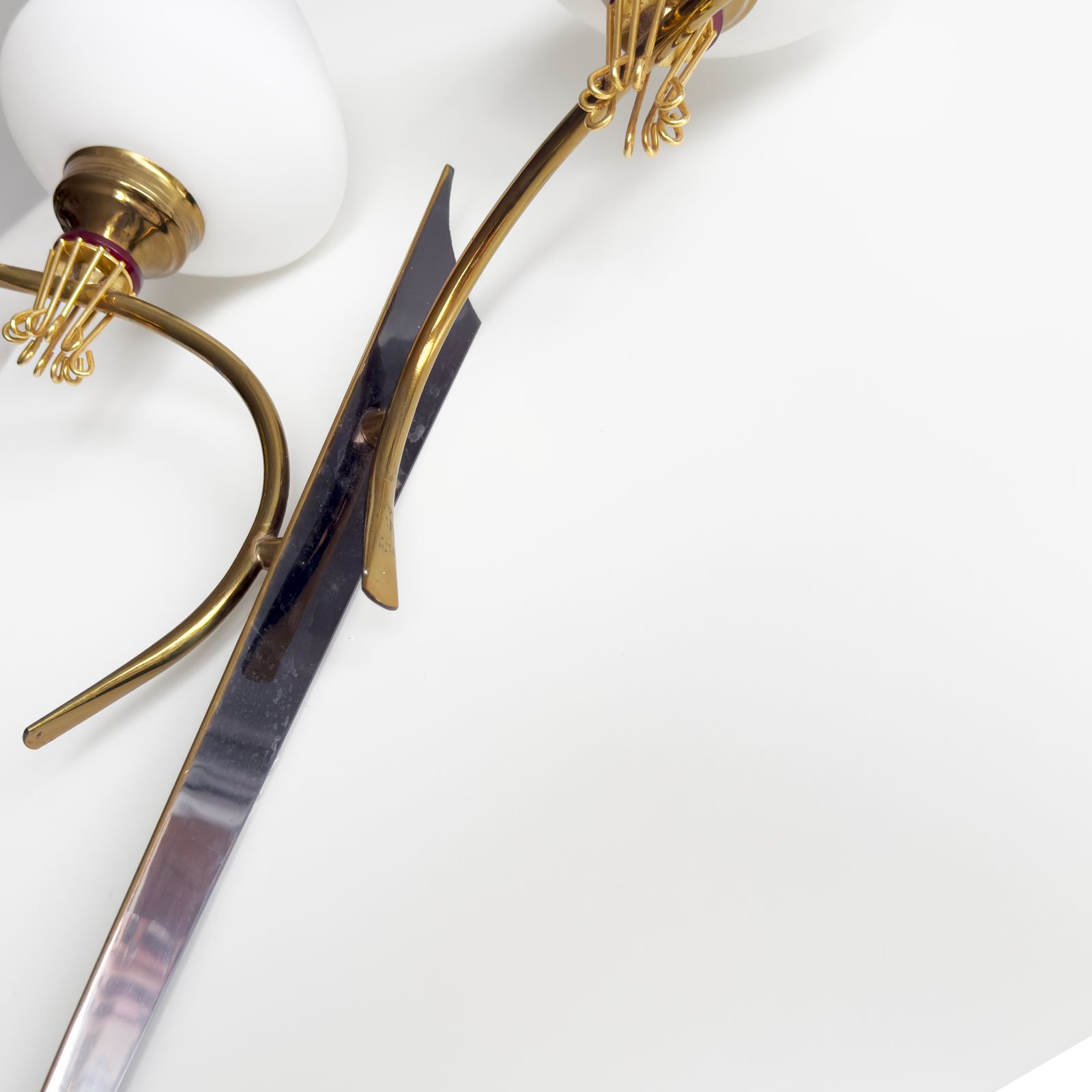20th Century Pair Of Two Lights Wall Lamps By Maison Arlus In Gilded Brass & Opaline, 1960s photo vinterior