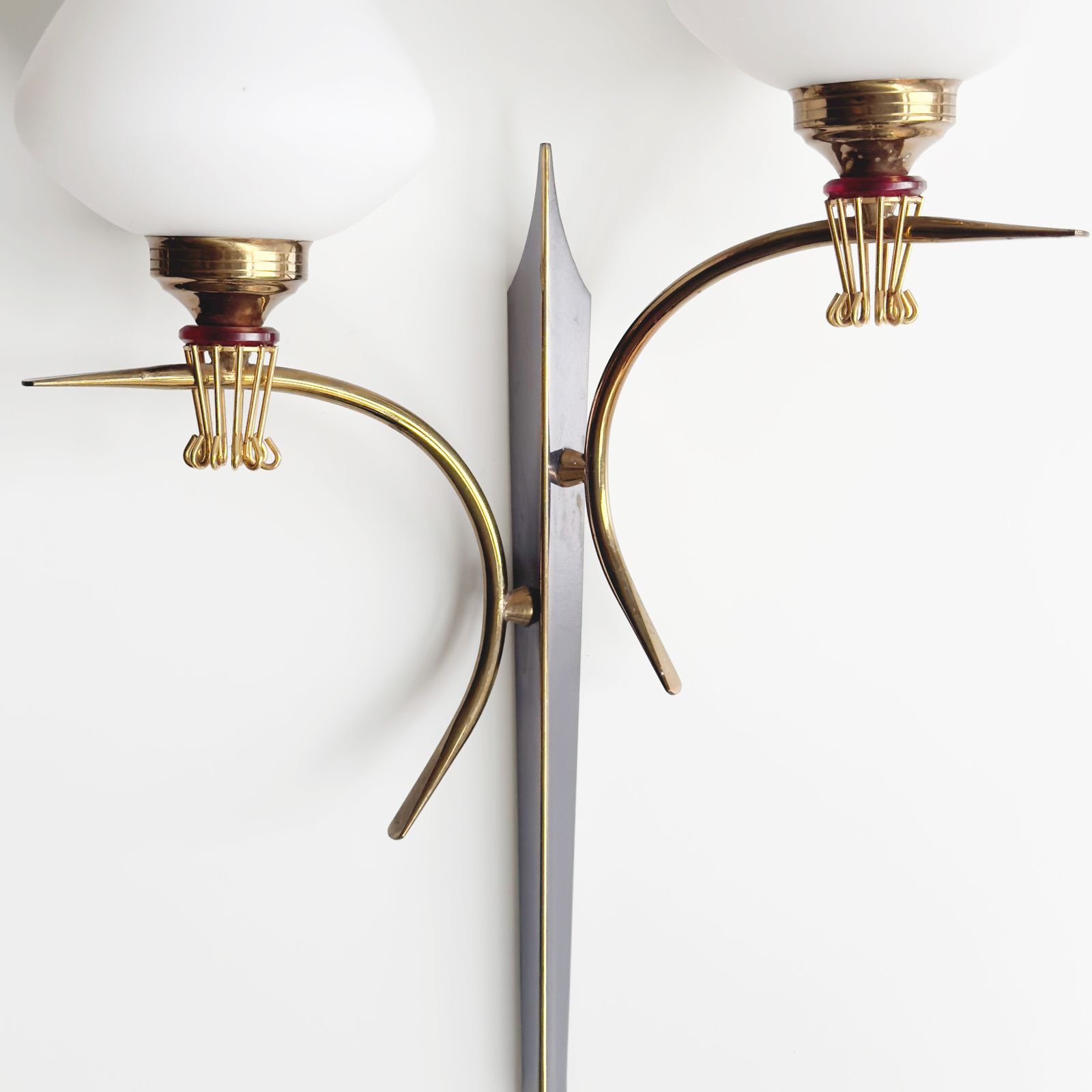 20th Century Pair Of Two Lights Wall Lamps By Maison Arlus In Gilded Brass & Opaline, 1960s photo vintage