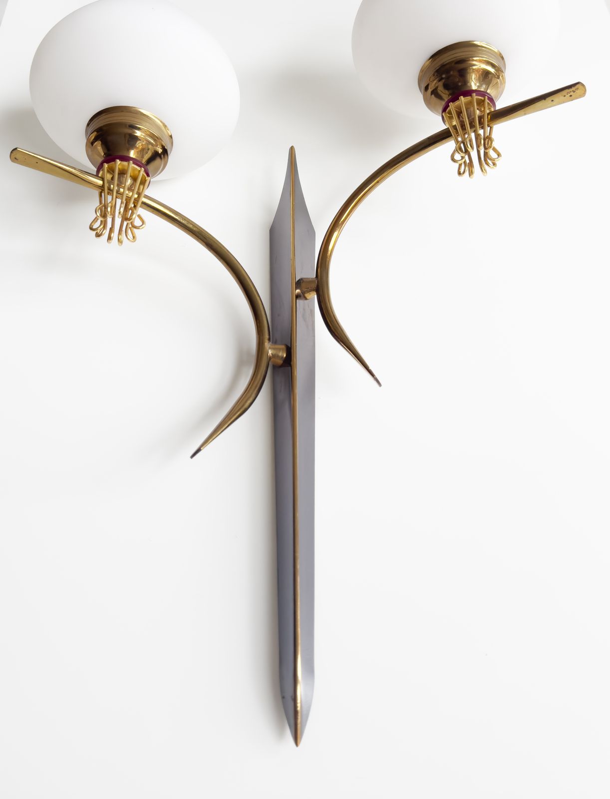 photo for sale 20th Century Pair Of Two Lights Wall Lamps By Maison Arlus In Gilded Brass & Opaline, 1960s