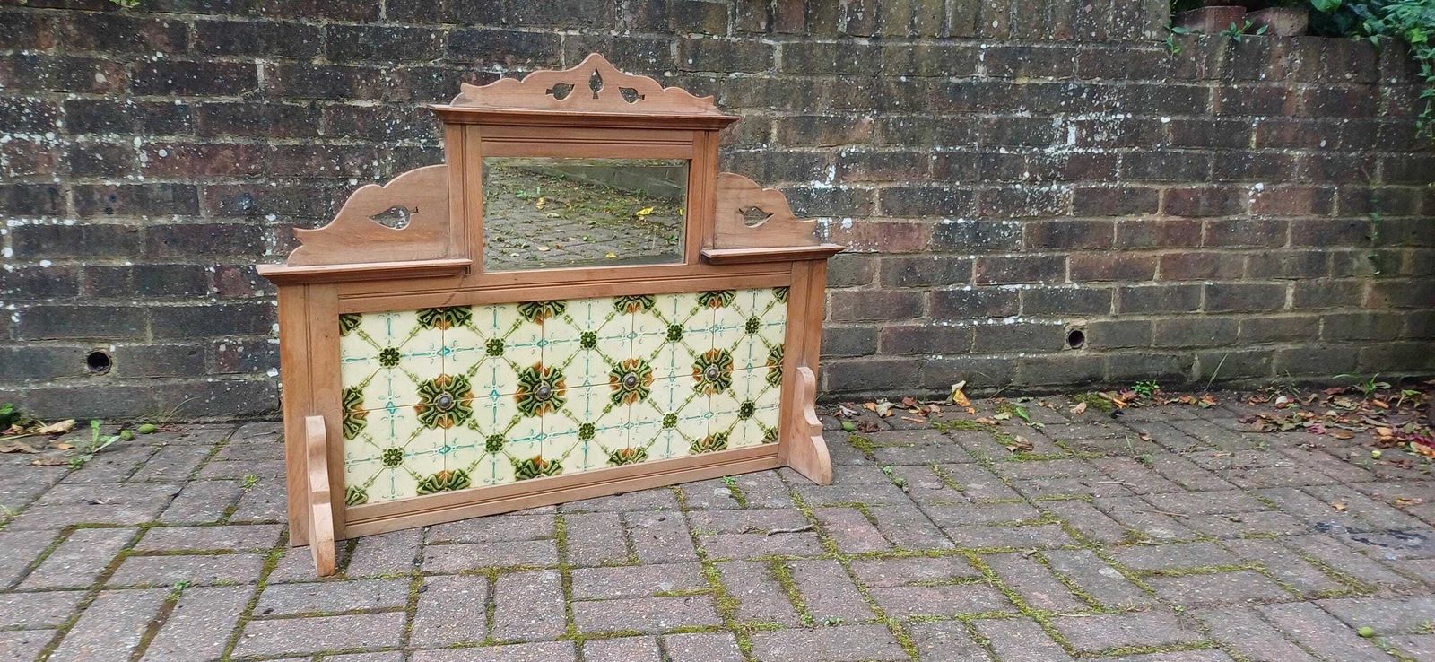 Huge Victorian Washstand Back Original Art Nouveau Majolica Tiles Carved Mirror Overmantel Antique Salvaged Mantelpiece Free Hand Delivery