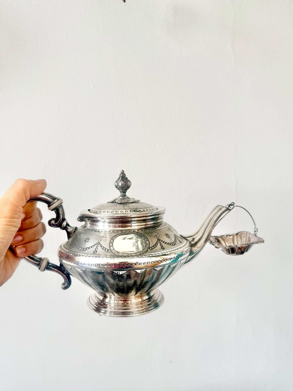 photo furniture Antique French Edwardian Silver Plated Teapot Fine Etched And Embossed Decor Circa 1900
