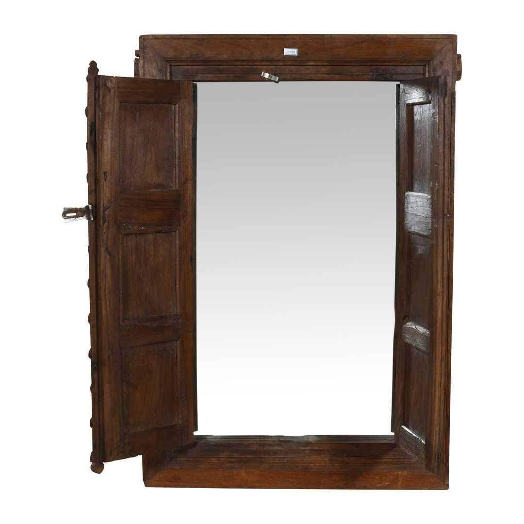 Antique Walnut Brown Indian Teak Shutter Mirror – Carved 19th Century Window Frame
