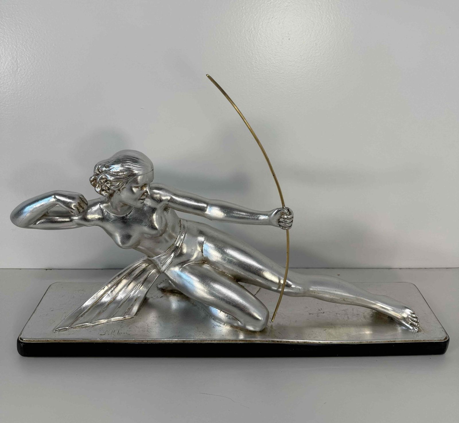 Diana The Huntress – Art Deco Silver Leaf Sculpture By Salvatore Melani, 1930s photo for sale