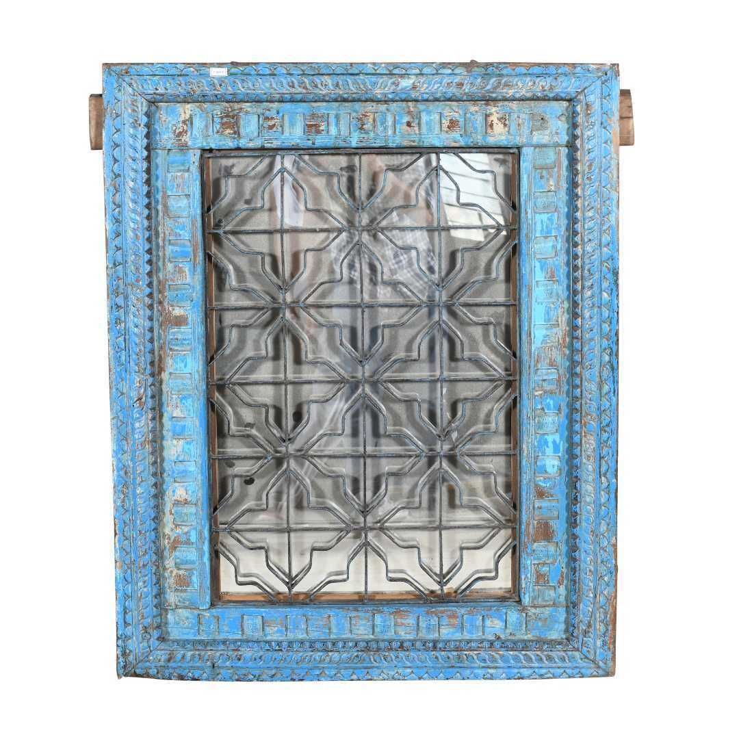 Antique Azure Blue Indian Teak & Iron Jali Window Mirror – Carved 19th Century Frame