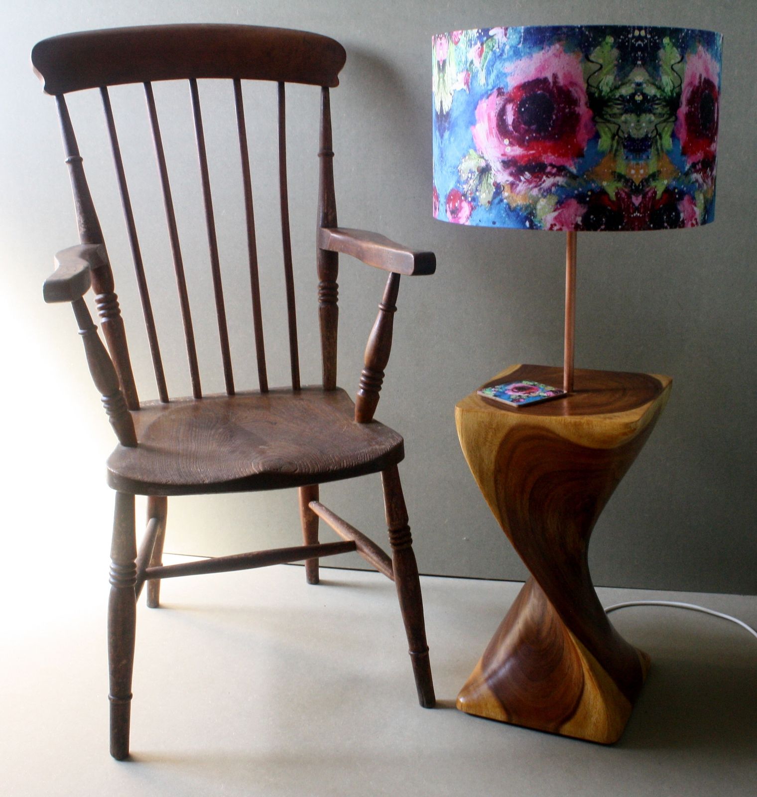 Twisted Acacia Wood Floor Lamps With Beautiful Floral Handcrafted Shades photo Lighting
