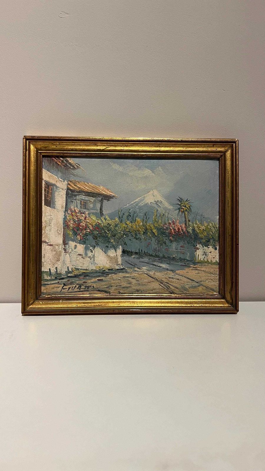 Charming Mid Century Oil Painting Of Village House With Mountain View photo furniture