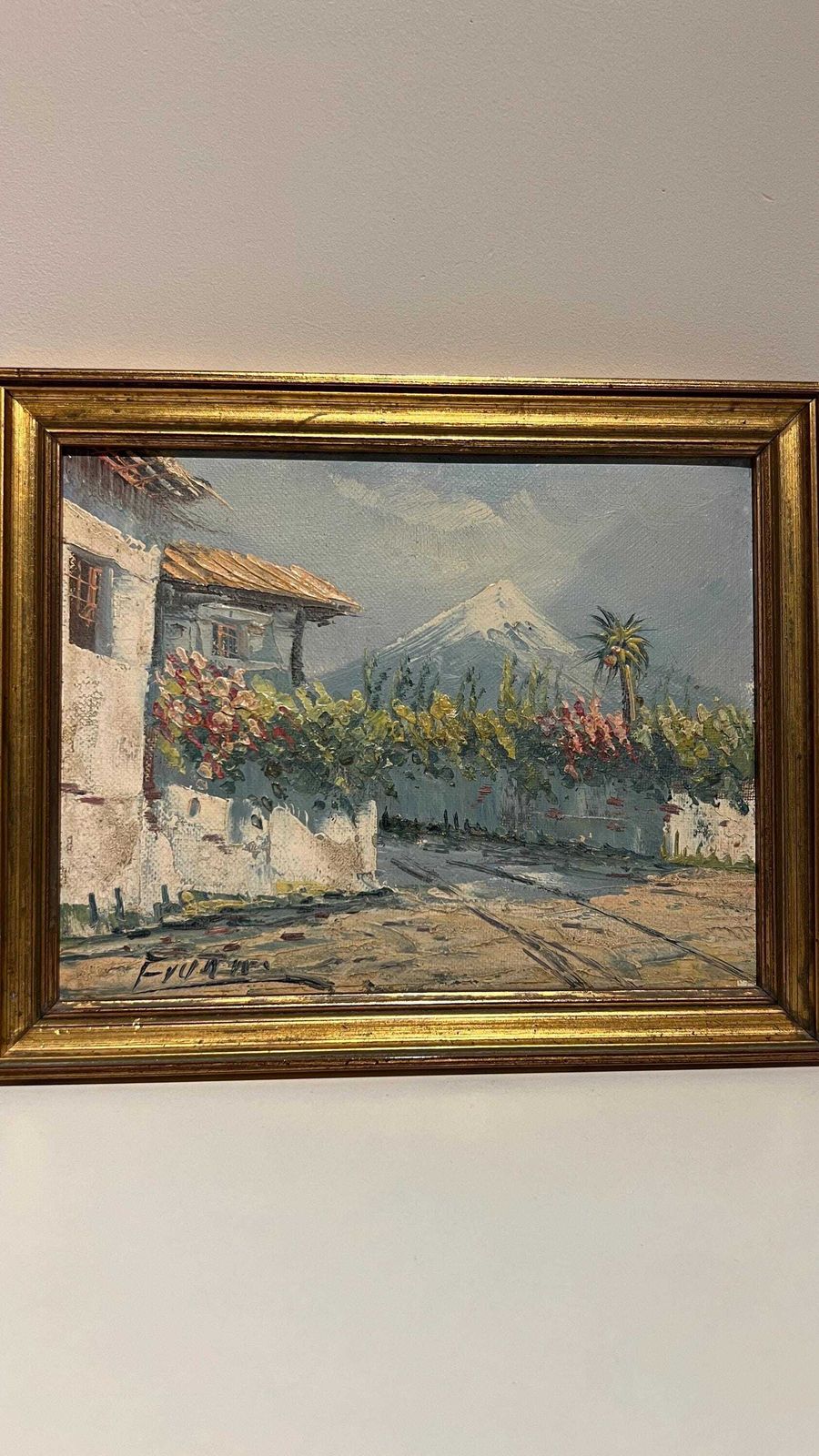 Charming Mid Century Oil Painting Of Village House With Mountain View photo for sale