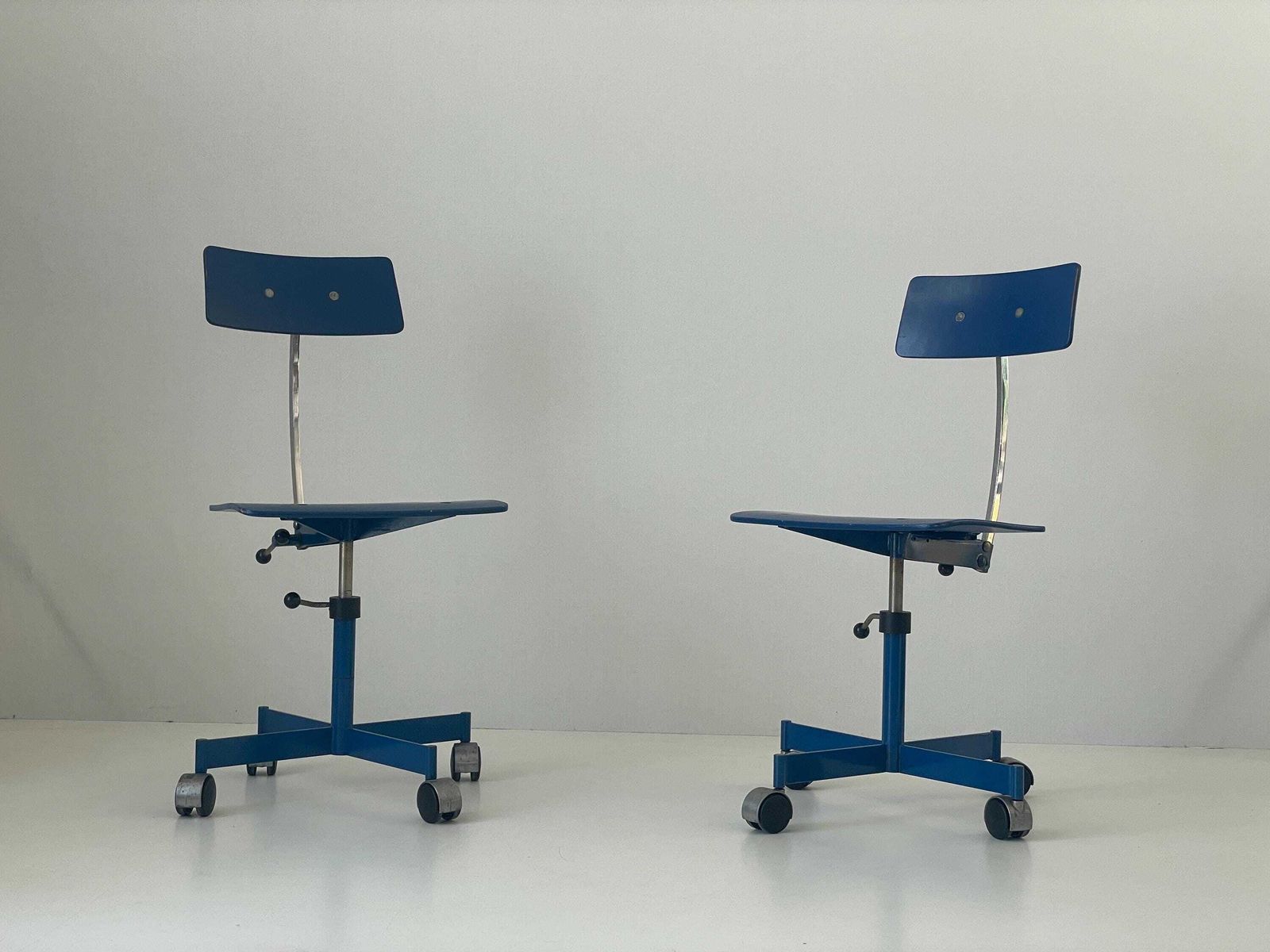 Pair Of Blue Wood Adjustable Industrial Chairs By Kevi, 1970s, Italy