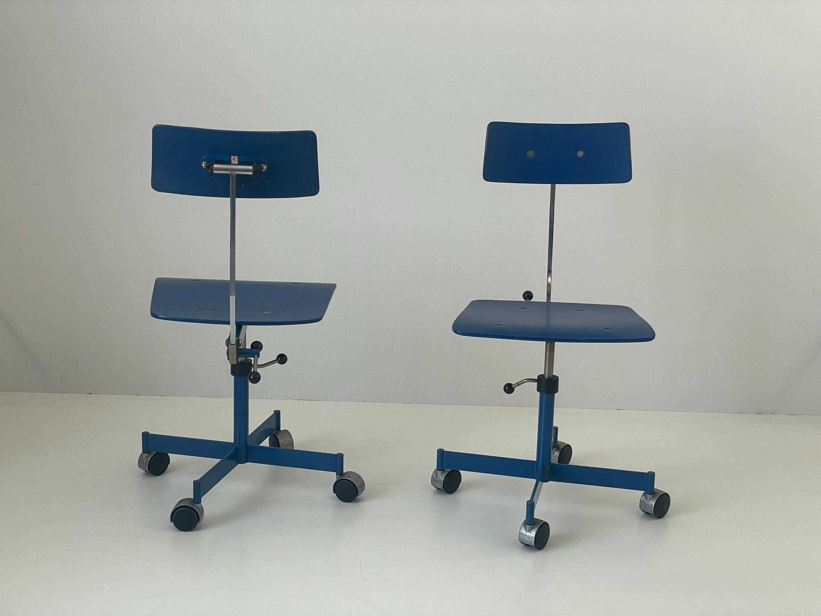 Pair Of Blue Wood Adjustable Industrial Chairs By Kevi, 1970s, Italy photo for sale