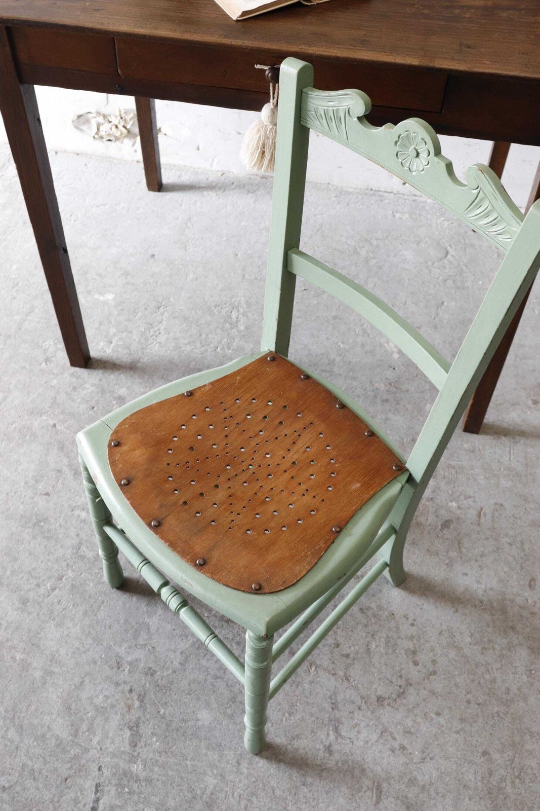 Pretty Green Painted Vintage Chair With Stripped Pierced Star Pattern Seat photo Furniture