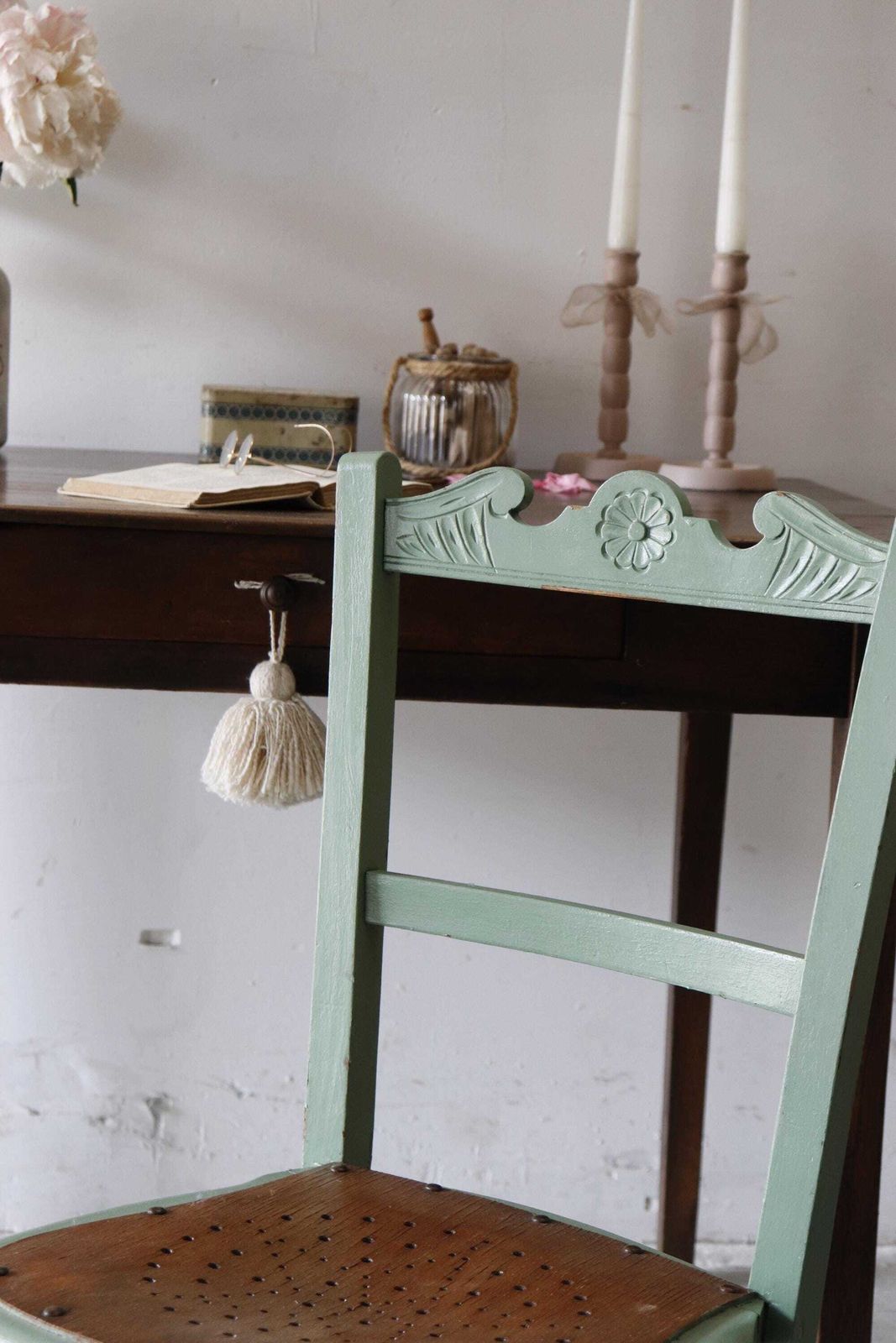 Pretty Green Painted Vintage Chair With Stripped Pierced Star Pattern Seat photo vinterior