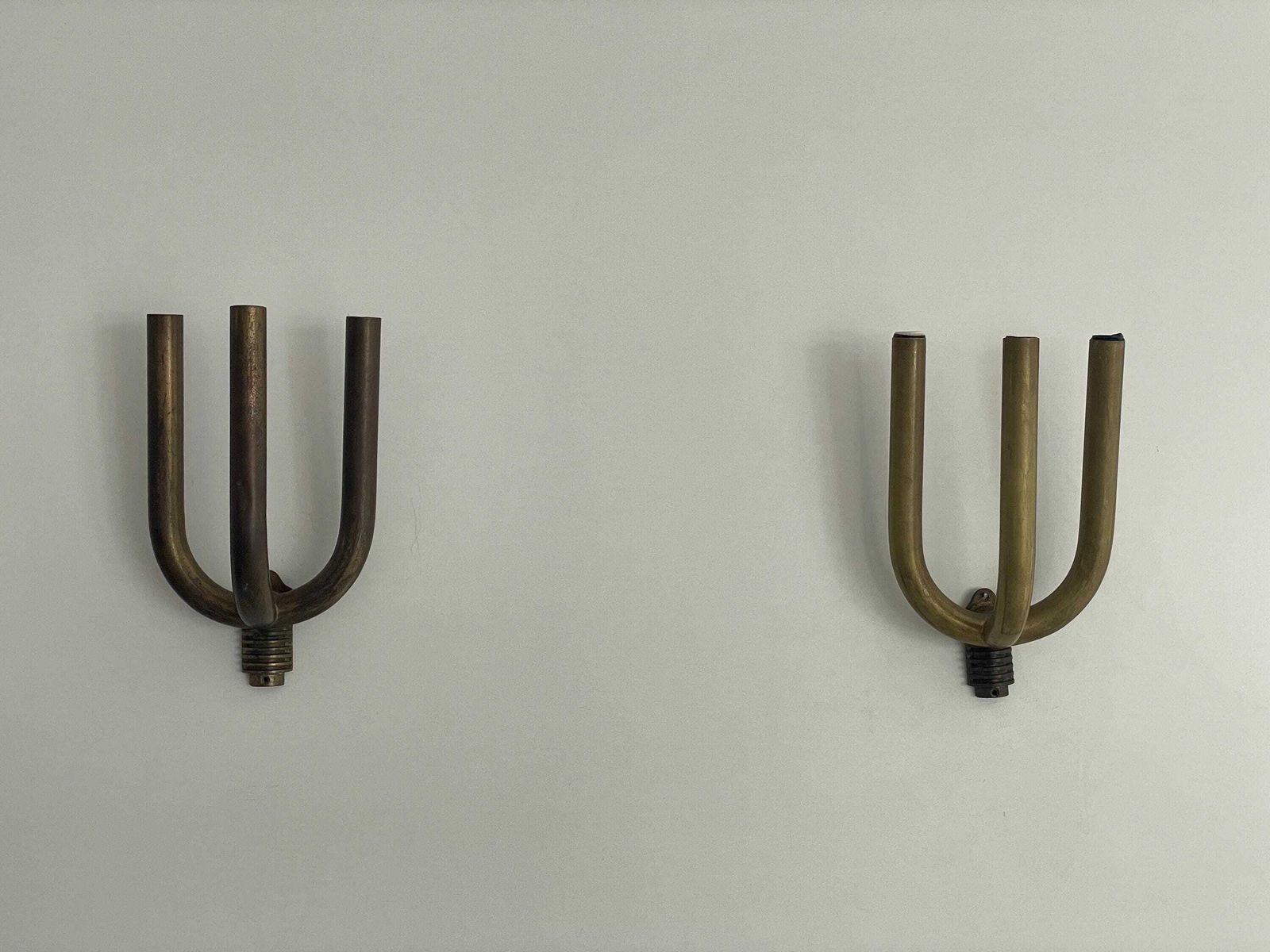 Art Deco Brass 3 Head Pair Of Sconces, 1950s, Italy