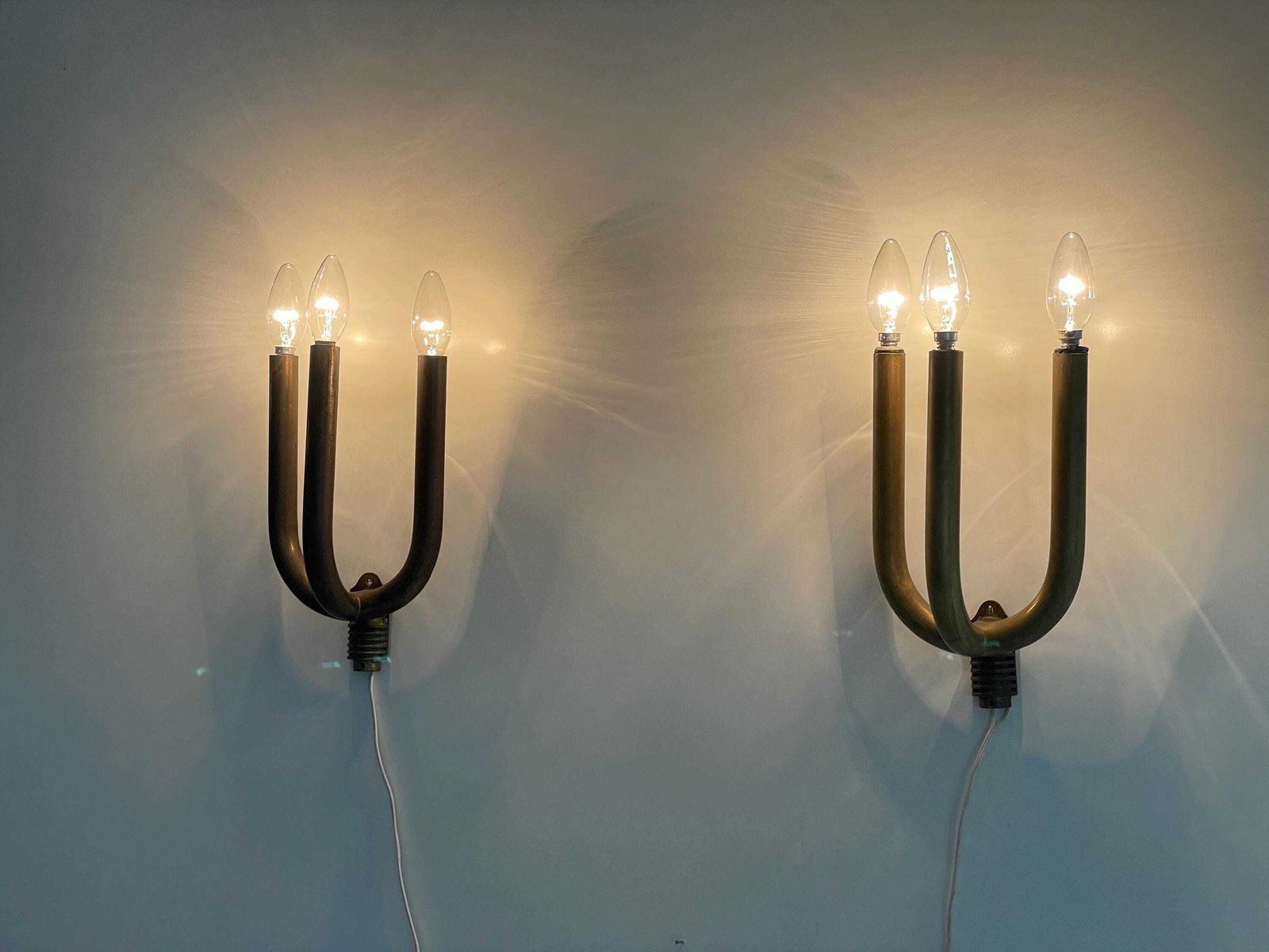 Art Deco Brass 3 Head Pair Of Sconces, 1950s, Italy photo for sale