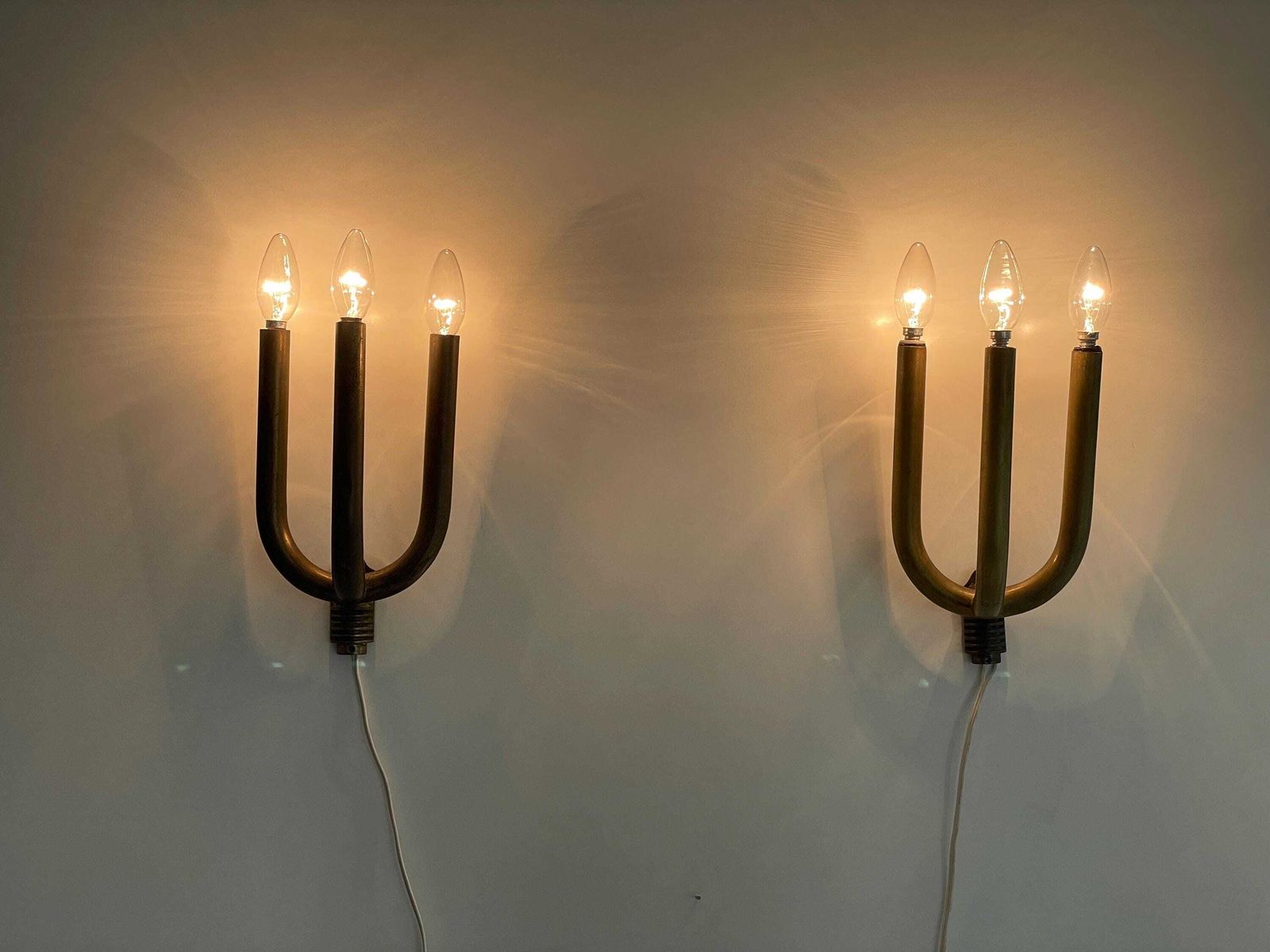 Art Deco Brass 3 Head Pair Of Sconces, 1950s, Italy photo buy