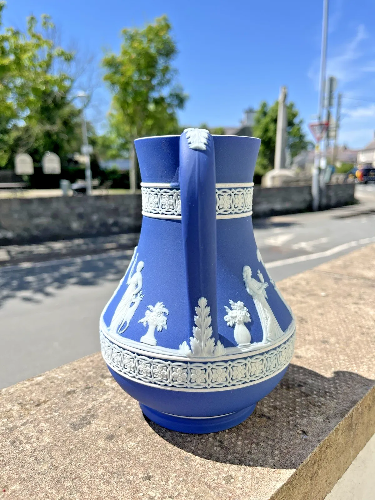 19th C Wedgwood Cobalt Blue Jasperware Neoclassical Cherub Pitcher Jug photo for sale